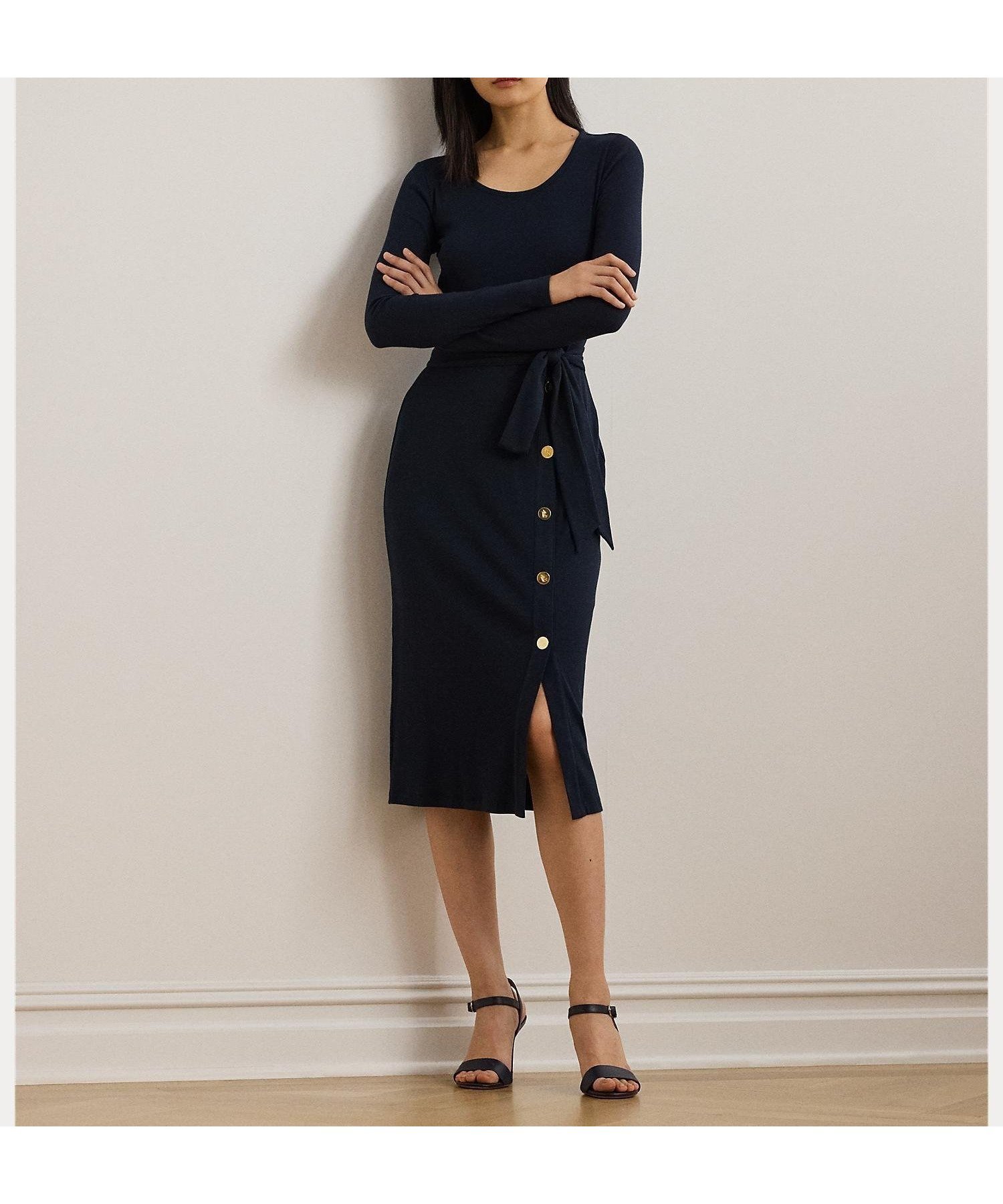 【ラルフローレン/RALPH LAUREN】のベルテッド リブニット ドレス インテリア・キッズ・メンズ・レディースファッション・服の通販 founy(ファニー) 　ファッション　Fashion　レディースファッション　Fashion for Women　トップス・カットソー　Cut & Sew Tops　ニット　Knit Tops & Sweaters　ワンピース　Dresses　フォーマル・パーティードレス・結婚式用ドレス　Elegant & Casual Dresses　スリット　Slit, Slit Detail　スリム　Slim, Slim Fit　ドレス　Dress, One-Piece　フィット　Fit, Slim Fit　ラウンド　Round, Round Neck　リブニット　Rib Knit, Ribbed Knit　ループ　Loop, Loop Knit　長袖　Long Sleeve, Full Sleeve　410ネイビー|ID: prp329100004602307 ipo3291000000032723407