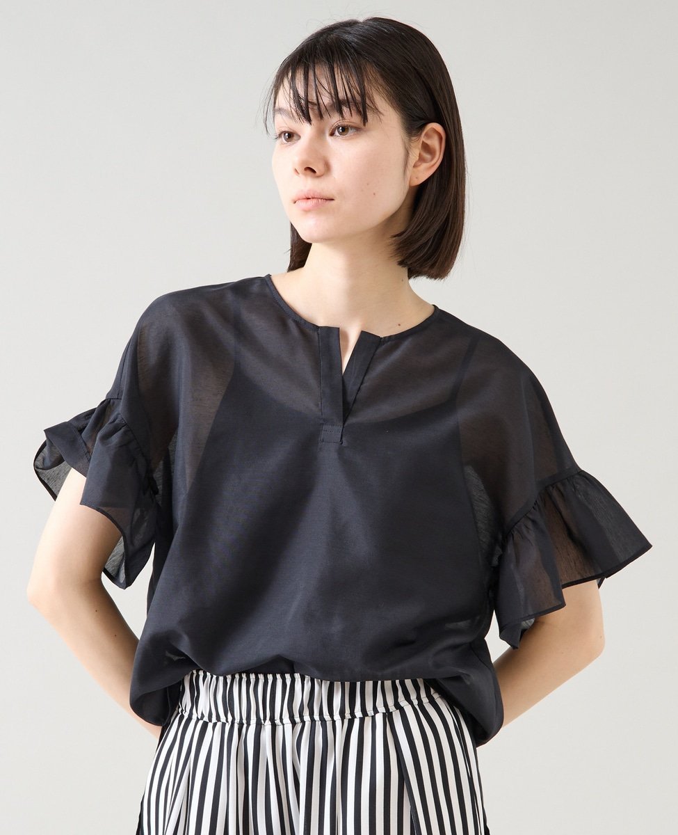 【ティアラ/Tiara】のスキッパーフリルスリーブブラウス インテリア・キッズ・メンズ・レディースファッション・服の通販 founy(ファニー) 　ファッション　Fashion　レディースファッション　Fashion for Women　トップス・カットソー　Cut & Sew Tops　シャツ・ブラウス・オフィスカジュアル　Elegant Blouses & Button-Ups　ウォッシャブル　Machine Washable　シアー　Sheer, See-Through　スキッパー　Skipper, Open Collar　バランス　Balance, Style Balance　フリル　Frill, Ruffle　ブライト　Bright, Shiny　エレガント 上品　Elegant　夏　Summer　ブラック|ID: prp329100004602362 ipo3291000000033570040