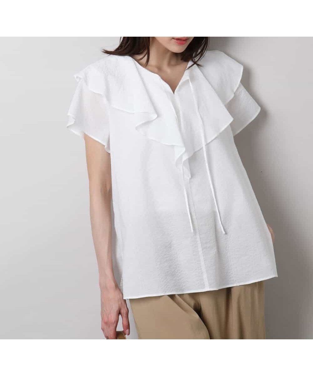 【エムケイ ミッシェルクラン/MK MICHEL KLEIN】のラッフルカラーフリルブラウス/洗える インテリア・キッズ・メンズ・レディースファッション・服の通販 founy(ファニー) 　ファッション　Fashion　レディースファッション　Fashion for Women　トップス・カットソー　Cut & Sew Tops　シャツ・ブラウス・オフィスカジュアル　Elegant Blouses & Button-Ups　おすすめ　Recommended / Our Picks　サッカー　Seersucker, Summer Fabric　バランス　Balance, Style Balance　フリル　Frill, Ruffle　ボトム　Bottoms, Lower Wear　冬　Winter / This Winter　夏　Summer　春　Spring　洗える　Machine Washable　秋　Autumn　ホワイト|ID: prp329100004602390 ipo3291000000032725926
