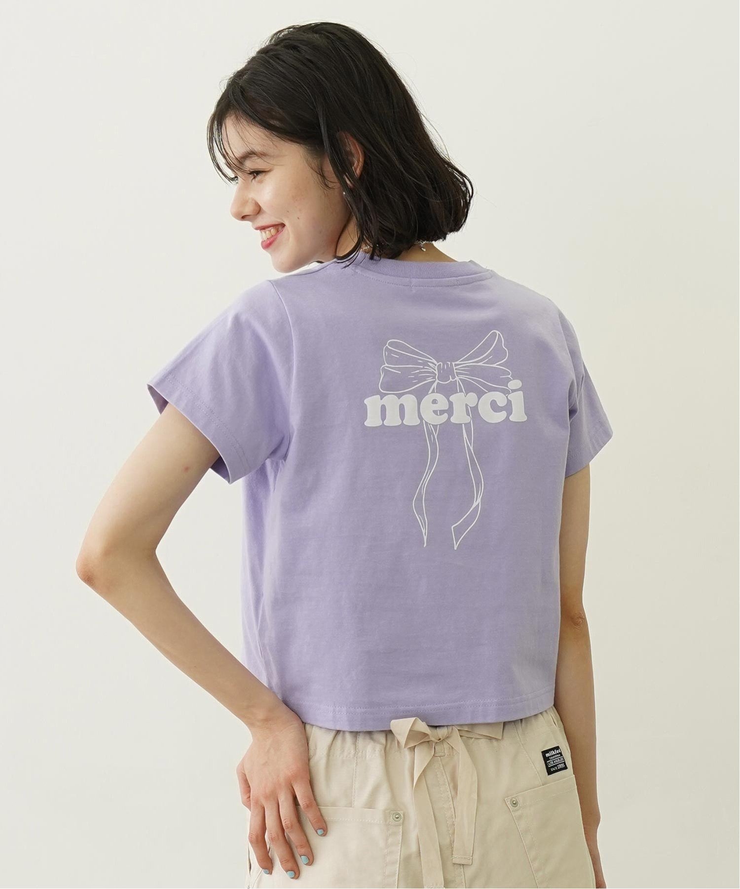 【ミルクフェド/MILKFED.】のMERCI RIBBON COMPACT S/S TEE MILKFED. インテリア・キッズ・メンズ・レディースファッション・服の通販 founy(ファニー) 　ファッション　Fashion　レディースファッション　Fashion for Women　おすすめ　Recommended / Our Picks　ガーリー　Girly, Feminine Style　グラフィック　Graphic, Graphic Design　コンパクト　Compact, Small Size　バレエ　Ballet, Ballet Style　リボン　Ribbon, Bow　半袖　Short Sleeve, Half Sleeve　夏　Summer　S/S・春夏　SS, Spring/Summer, Warm Season　LtPURPLE|ID: prp329100004602431 ipo3291000000032726447