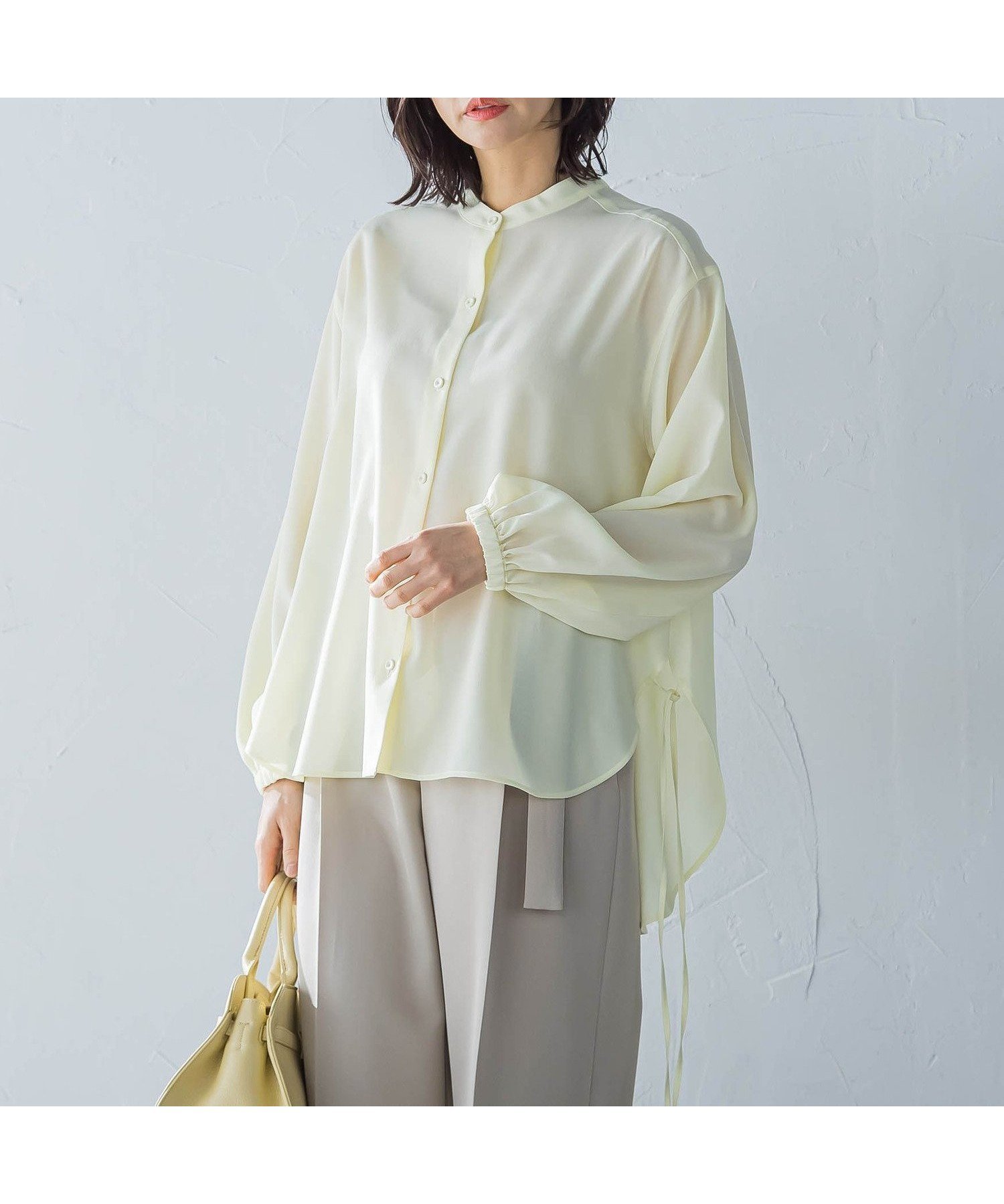 【ロートレ アモン/LAUTRE AMONT】のサイドリボンドレープブラウス≪イージーケア≫ インテリア・キッズ・メンズ・レディースファッション・服の通販 founy(ファニー) 　ファッション　Fashion　レディースファッション　Fashion for Women　トップス・カットソー　Cut & Sew Tops　シャツ・ブラウス・オフィスカジュアル　Elegant Blouses & Button-Ups　スリーブ　Sleeve, Long Sleeve / Short Sleeve　フロント　Front, Front Design　ワイド　Wide, Wide Fit　イエロー|ID: prp329100004602503 ipo3291000000032727286