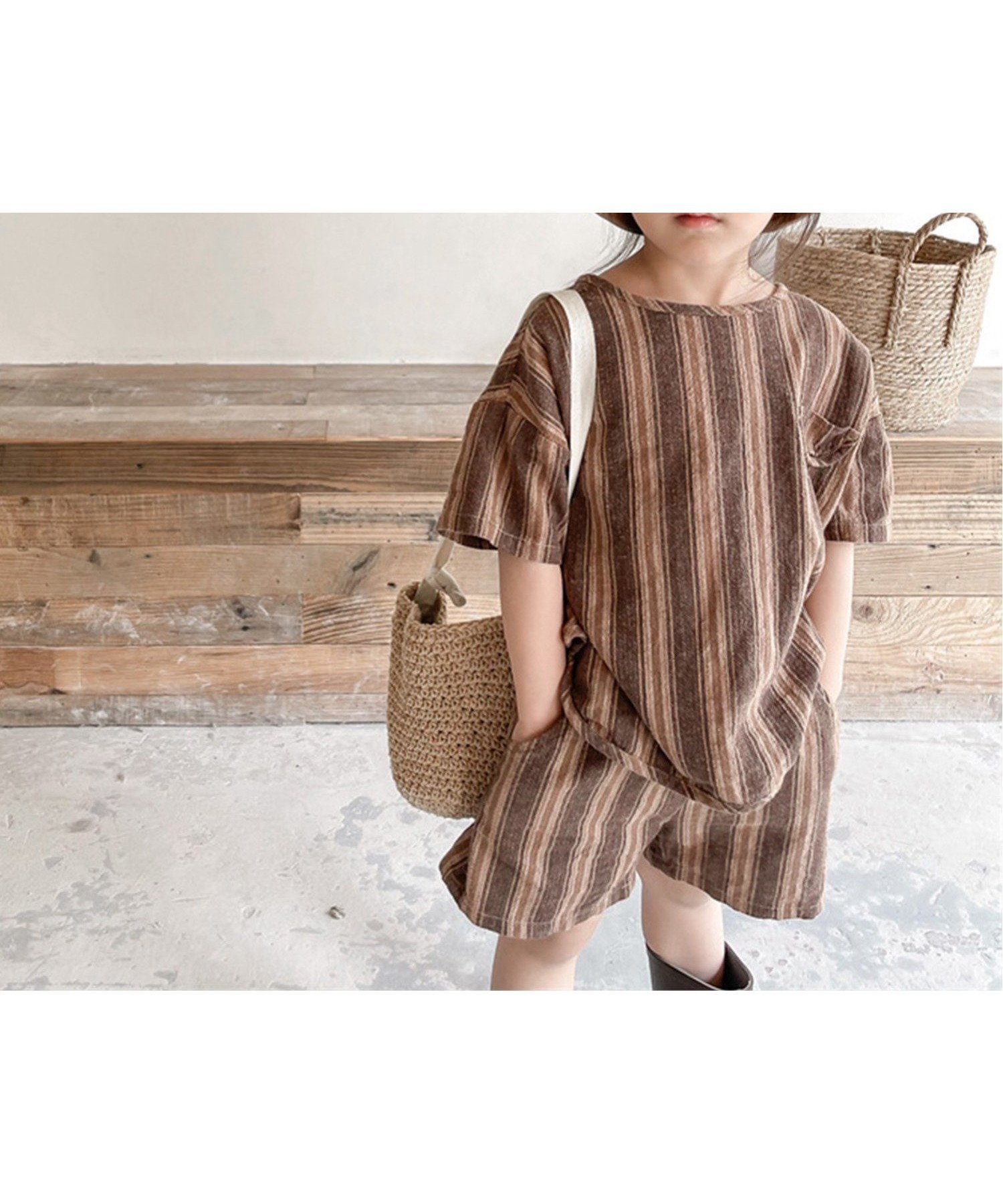 【アイモハ/aimoha / KIDS】のaimoha KIDS/【aimoha-KIDS-】 韓国子供服 ストライプ柄半袖セットアップ インテリア・キッズ・メンズ・レディースファッション・服の通販 founy(ファニー) 　ファッション　Fashion　キッズファッション　Fashion for Kids　ストライプ　Stripe, Striped Pattern　セットアップ　Set-Up, Coordinated Outfit　半袖　Short Sleeve, Half Sleeve　ブラウン|ID: prp329100004602527 ipo3291000000032727604