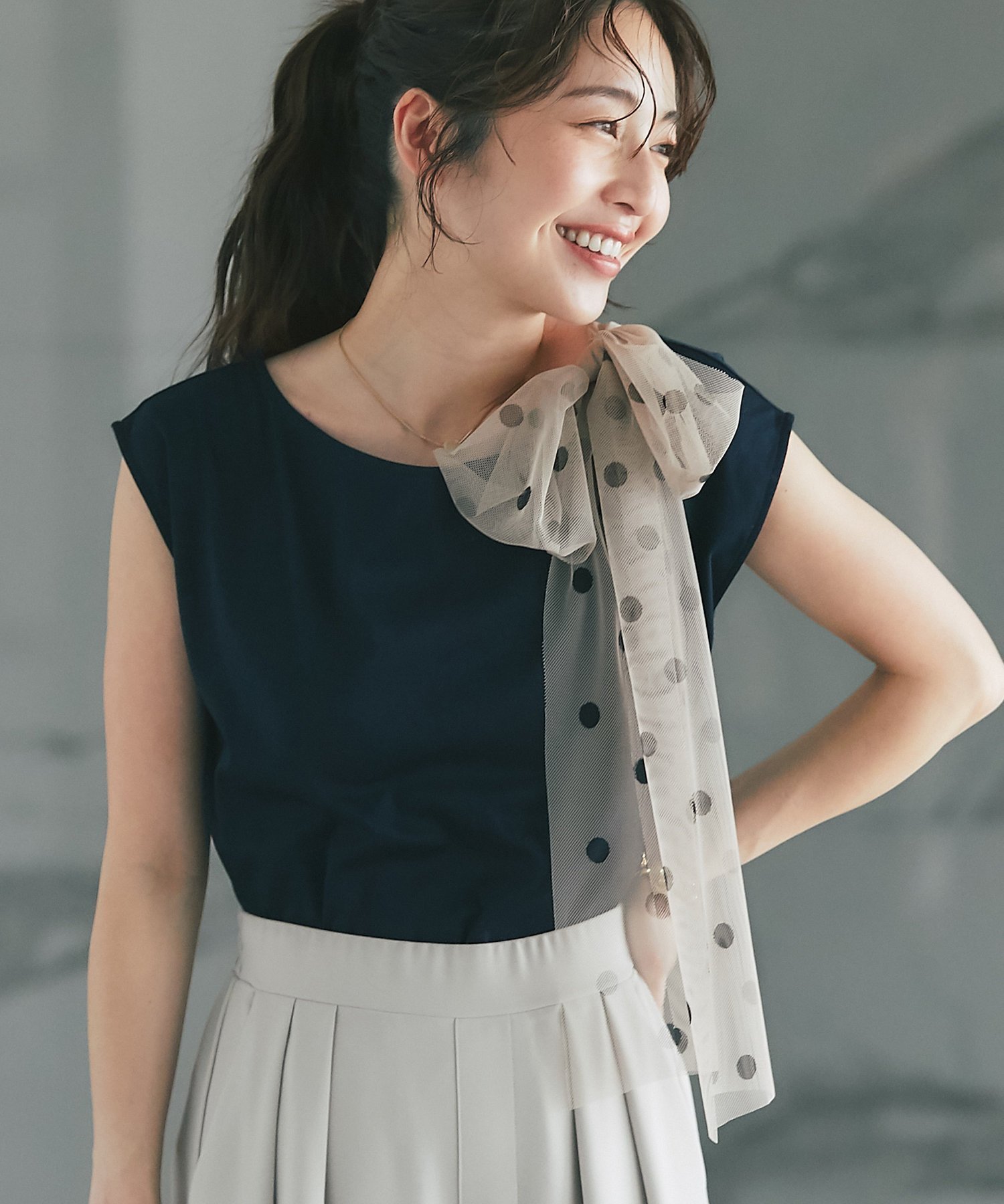 【ラブティックボンボン/La boutique BonBon】の【最強愛され】ドットチュールリボンカットソー インテリア・キッズ・メンズ・レディースファッション・服の通販 founy(ファニー) 　ファッション　Fashion　レディースファッション　Fashion for Women　トップス・カットソー　Cut & Sew Tops　カットソー・ベーシックTシャツ　Cut-and-Sewn Tops / Stretch Tees & Basics　おすすめ　Recommended / Our Picks　アシンメトリー　Asymmetrical Style　コンパクト　Compact, Small Size　デニム　Denim, Jeans Material　リボン　Ribbon, Bow　エレガント 上品　Elegant　ネイビー|ID: prp329100004602641 ipo3291000000032729721