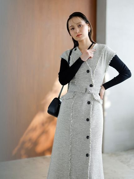 【スナイデル/SNIDEL】のツイードジレワンピース インテリア・キッズ・メンズ・レディースファッション・服の通販 founy(ファニー) 　ファッション　Fashion　レディースファッション　Fashion for Women　アウター　Coat / Outerwear Collection　カットソー　Cut and Sewn Top　ツイード　Twill, Twill Weave　フラップ　Flap, Flap Pocket　フリンジ　Fringe, Tassel　フロント　Front, Front Design　ポケット　Pocket, Pocket Detail　ミックス　Mix, Mixed Style　ロング　Long, Long-Length　MIX[930]|ID: prp329100004602999 ipo3291000000032734852