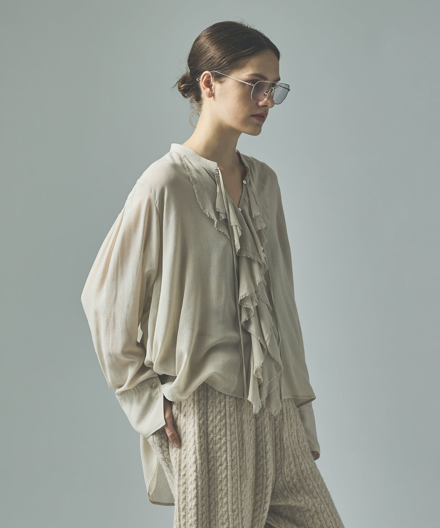 【カレンソロジー/Curensology】のウールミックスボイルフリルブラウス 人気、トレンドファッション・服の通販 founy(ファニー) 　ファッション　Fashion　レディースファッション　Fashion for Women　トップス・カットソー　Cut & Sew Tops　シャツ・ブラウス・オフィスカジュアル　Elegant Blouses & Button-Ups　インナー　Innerwear　エレガント 上品　Elegant　カーディガン　Cardigan, Knitwear　バランス　Balance, Style Balance　フリル　Frill, Ruffle　おすすめ　Recommended / Our Picks　 other-1|ID: prp329100004603151 ipo3291000000033200659