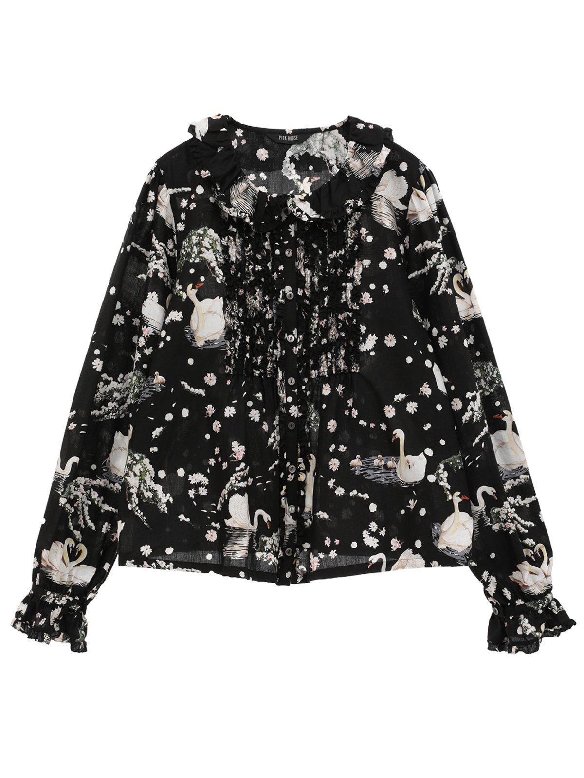 【ピンクハウス/PINK HOUSE】のSWAN LAKEプリントブラウス インテリア・キッズ・メンズ・レディースファッション・服の通販 founy(ファニー) 　ファッション　Fashion　レディースファッション　Fashion for Women　トップス・カットソー　Cut & Sew Tops　シャツ・ブラウス・オフィスカジュアル　Elegant Blouses & Button-Ups　フリル　Frill, Ruffle　プリント　Print, Printed Pattern　春　Spring　クロ|ID: prp329100004603167 ipo3291000000032737809