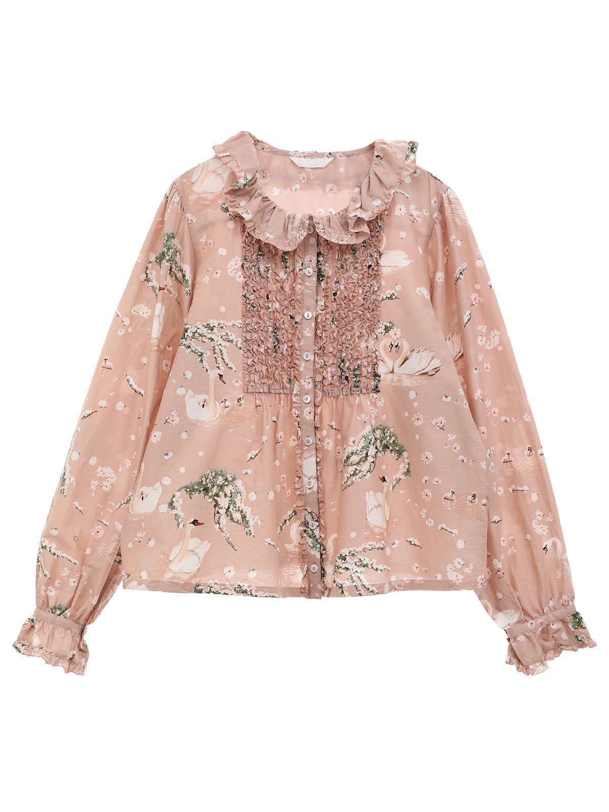 【ピンクハウス/PINK HOUSE】のSWAN LAKEプリントブラウス インテリア・キッズ・メンズ・レディースファッション・服の通販 founy(ファニー) 　ファッション　Fashion　レディースファッション　Fashion for Women　トップス・カットソー　Cut & Sew Tops　シャツ・ブラウス・オフィスカジュアル　Elegant Blouses & Button-Ups　フリル　Frill, Ruffle　プリント　Print, Printed Pattern　春　Spring　スモークピンク|ID: prp329100004603167 ipo3291000000032737812