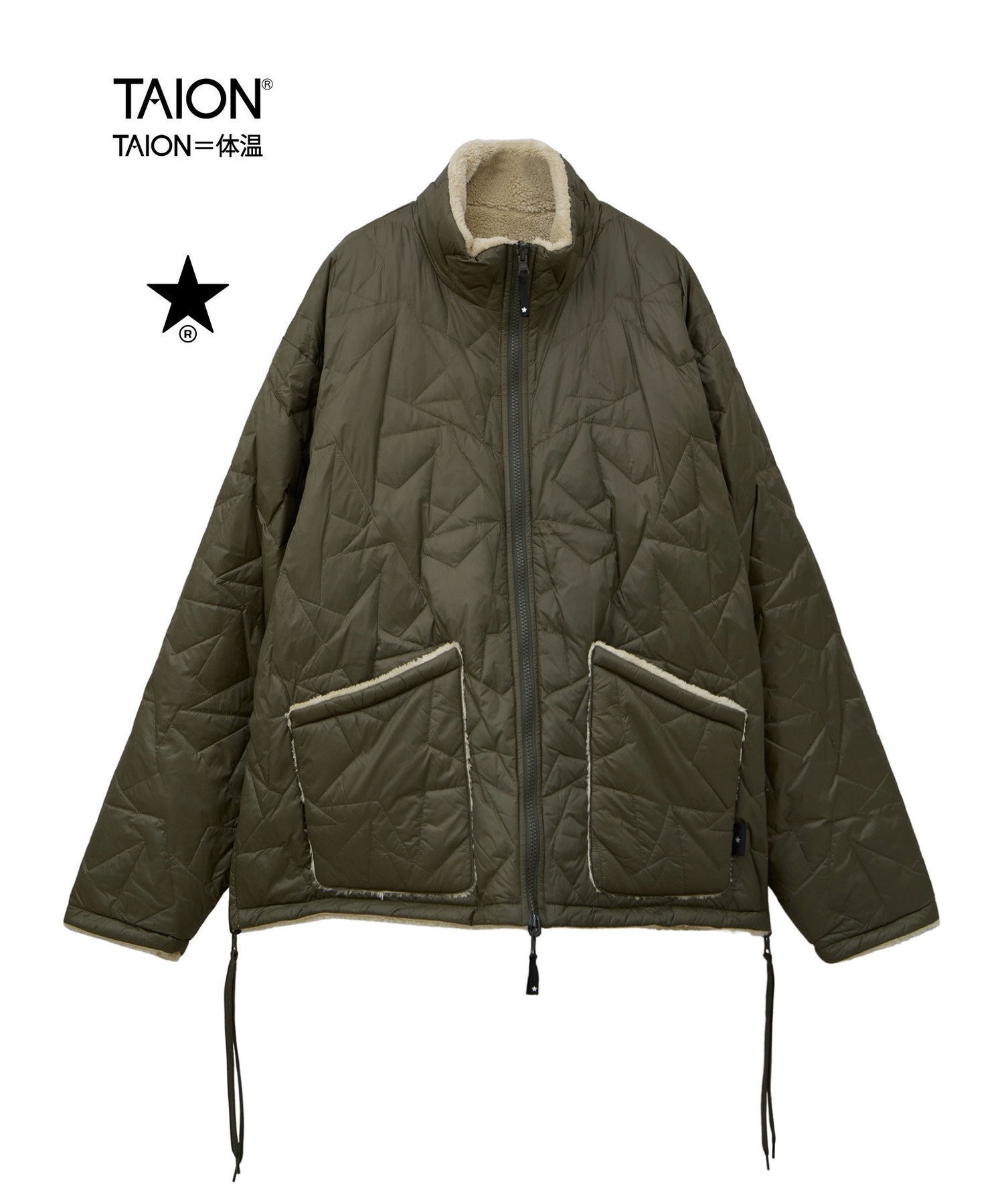 【コンバーストウキョウ/CONVERSE TOKYO】の【TAION】MILITARY STAR QUILTING BOA REVERSIBLE STAND JACKET(UNISEX) インテリア・キッズ・メンズ・レディースファッション・服の通販 founy(ファニー) 　ファッション　Fashion　レディースファッション　Fashion for Women　アウター　Coat / Outerwear Collection　レディースジャケット・軽アウター　Jackets　アウトドア　Outdoor Clothing　キルティング　Quilted, Quilting　ジャケット　Jacket, Outerwear　スタンド　Stand Collar, Upright Stand　スリット　Slit, Slit Detail　タフタ　Taffeta, Structured Fabric　ダウン　Down, Puffer　フロント　Front, Front Design　ボトム　Bottoms, Lower Wear　ポケット　Pocket, Pocket Detail　別注　Limited Edition, Custom Order　モチーフ　Motif, Design Theme　ユニセックス　Unisex, Genderless　リバーシブル　Reversible, Two-Sided　レース　Lace, Lace Fabric　冬　Winter / This Winter　オリーブ|ID: prp329100004603244 ipo3291000000032739604
