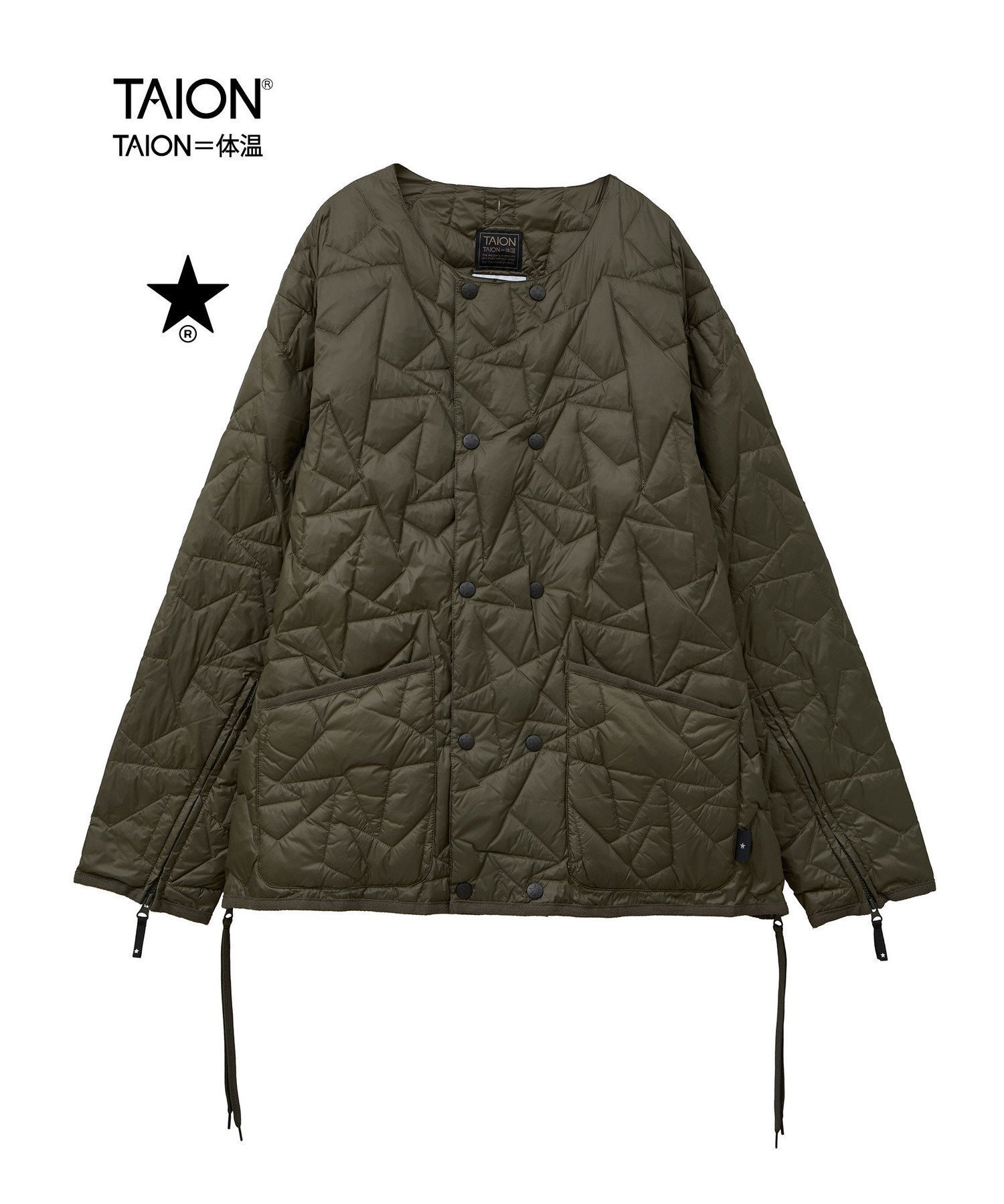 【コンバーストウキョウ/CONVERSE TOKYO】の【TAION】MILITARY STAR QUILTING JACKET(UNISEX) インテリア・キッズ・メンズ・レディースファッション・服の通販 founy(ファニー) 　ファッション　Fashion　レディースファッション　Fashion for Women　アウター　Coat / Outerwear Collection　レディースジャケット・軽アウター　Jackets　アウトドア　Outdoor Clothing　インナー　Innerwear　キルティング　Quilted, Quilting　クラシック　Classic, Timeless Style　コンパクト　Compact, Small Size　ジャケット　Jacket, Outerwear　スリット　Slit, Slit Detail　ダウン　Down, Puffer　ダブル　Double, Double-Breasted　パーカー　Hoodie, Parka　フィット　Fit, Slim Fit　ボトム　Bottoms, Lower Wear　ポケット　Pocket, Pocket Detail　別注　Limited Edition, Custom Order　羽織　Haori, Light Jacket　ミリタリー　Military, Army Style　モチーフ　Motif, Design Theme　ユニセックス　Unisex, Genderless　リップ　Lip, Lip Motif　レース　Lace, Lace Fabric　ロング　Long, Long-Length　旅行　Travel　オリーブ|ID: prp329100004603246 ipo3291000000032739626
