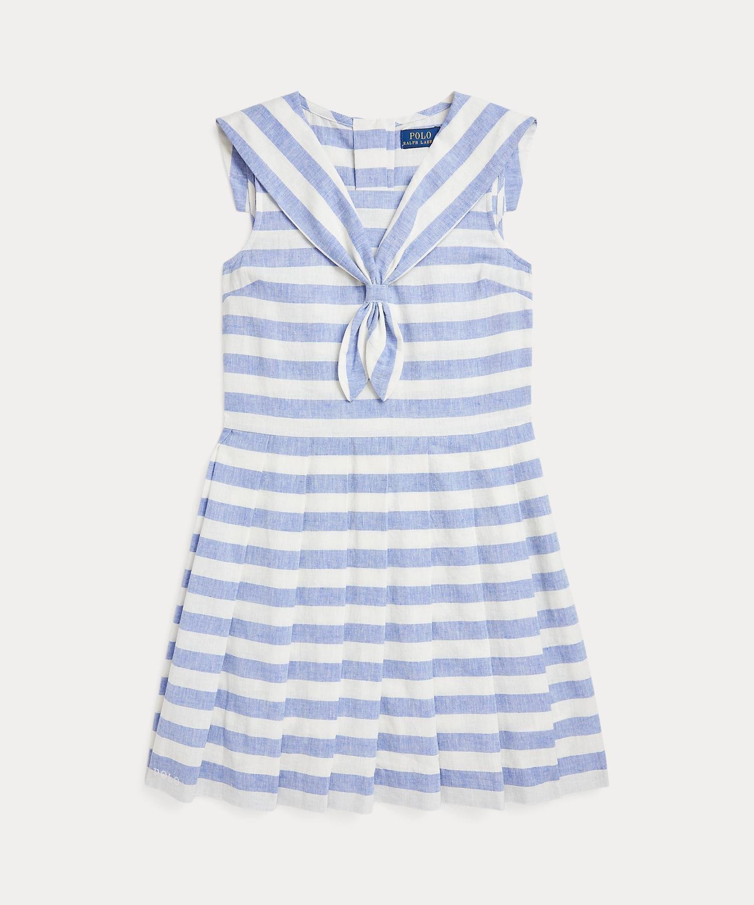 【ラルフローレン/RALPH LAUREN / KIDS】の(ガールズ 7才~16才)ストライプド リネンコットン セーラー ドレス インテリア・キッズ・メンズ・レディースファッション・服の通販 founy(ファニー) 　ファッション　Fashion　キッズファッション　Fashion for Kids　ワンピース　Dresses　ストライプ　Stripe, Striped Pattern　ドレス　Dress, One-Piece　ノースリーブ　Sleeveless, No-Sleeve　フロント　Front, Front Design　プリーツ　Pleats, Pleated　モチーフ　Motif, Design Theme　リネン　Linen, Linen Fabric　100ホワイト|ID: prp329100004603260 ipo3291000000032740065