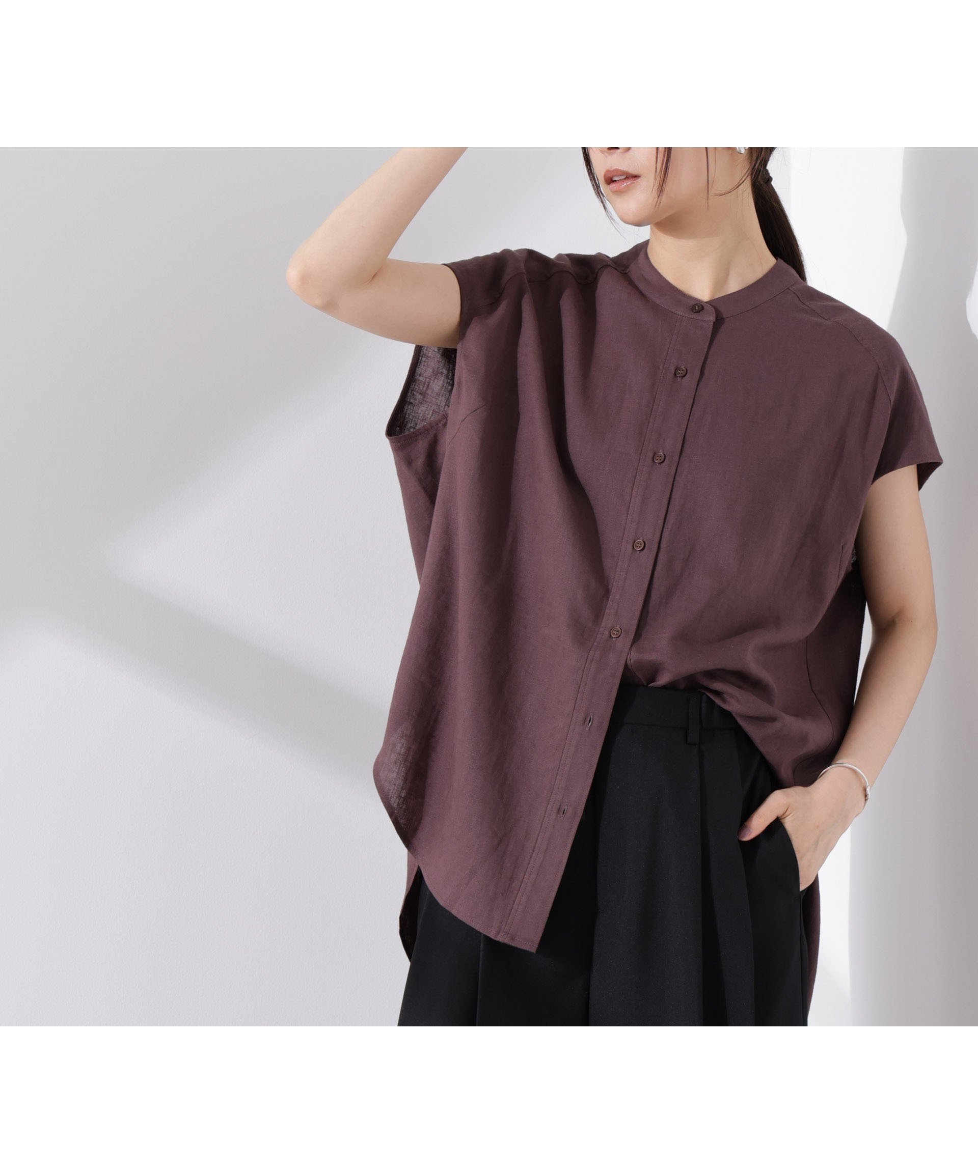 【ナノ ユニバース/nano universe】のAnti Smell Linen フレンチスリーブシャツ インテリア・キッズ・メンズ・レディースファッション・服の通販 founy(ファニー) 　ファッション　Fashion　レディースファッション　Fashion for Women　トップス・カットソー　Cut & Sew Tops　シャツ・ブラウス・オフィスカジュアル　Elegant Blouses & Button-Ups　ウォッシャブル　Machine Washable　抗菌　Antibacterial, Bacteria-Resistant　ジャケット　Jacket, Outerwear　スタンド　Stand Collar, Upright Stand　スリーブ　Sleeve, Long Sleeve / Short Sleeve　デニム　Denim, Jeans Material　フレア　Flare, Flared　フレンチ　French, French Style　フロント　Front, Front Design　ベーシック　Basic, Essential　リラックス　Relax, Relaxed Fit　ワイド　Wide, Wide Fit　おすすめ　Recommended / Our Picks　2025年　2025　2025春夏・S/S　Spring/Summer 2025 SS25　ブラウン|ID: prp329100004603388 ipo3291000000032743603