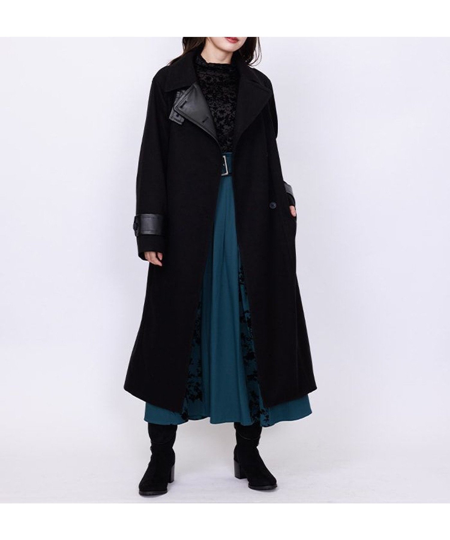 【アクシーズファム/axes femme】の異素材切替ロングコート インテリア・キッズ・メンズ・レディースファッション・服の通販 founy(ファニー) 　ファッション　Fashion　レディースファッション　Fashion for Women　アウター　Coat / Outerwear Collection　コート・ロングコート・ピーコート　Long Coats, Peacoats & More　おすすめ　Recommended / Our Picks　スタイリッシュ　Stylish, Fashionable　ロング　Long, Long-Length　切替　Switching, Contrast Panel　黒|ID: prp329100004603654 ipo3291000000032748504