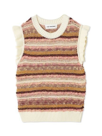 【リリーブラウン/Lily Brown】のMIXボーダーニットトップス インテリア・キッズ・メンズ・レディースファッション・服の通販 founy(ファニー) 　ファッション　Fashion　レディースファッション　Fashion for Women　トップス・カットソー　Cut & Sew Tops　ニット　Knit Tops & Sweaters　フリル　Frill, Ruffle　ボーダー　Border, Stripe　ランダム　Random, Irregular　PNK[066]|ID: prp329100004603721 ipo3291000000032750201
