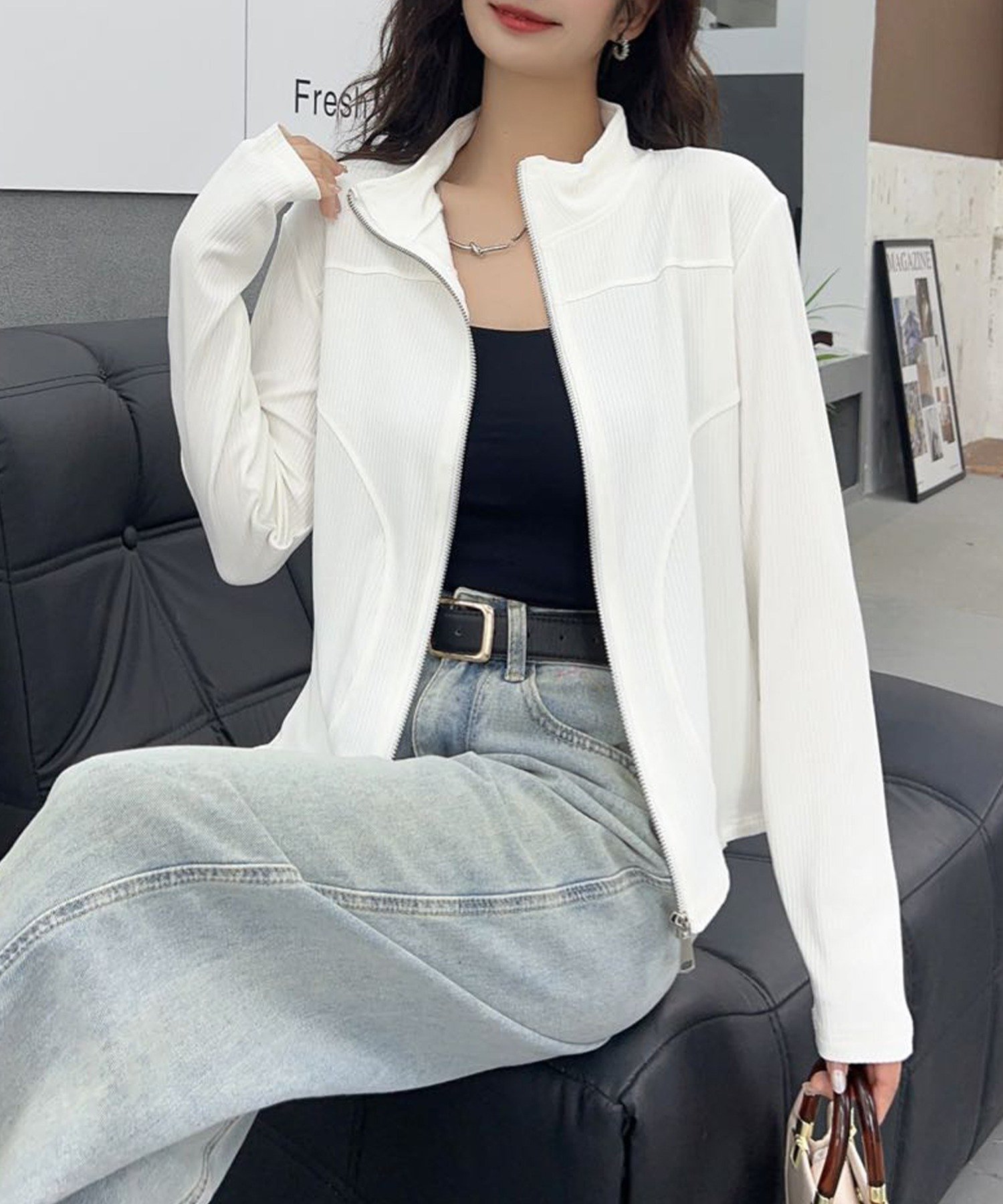 【アイモハ/aimoha】のaimoha - select -/リブジップアップジャケット インテリア・キッズ・メンズ・レディースファッション・服の通販 founy(ファニー) 　ファッション　Fashion　レディースファッション　Fashion for Women　アウター　Coat / Outerwear Collection　レディースジャケット・軽アウター　Jackets　シンプル　Simple, Minimal　スタイリッシュ　Stylish, Fashionable　ハイネック　High Neck, Mock Neck　フィット　Fit, Slim Fit　ホワイト|ID: prp329100004603722 ipo3291000000032750209