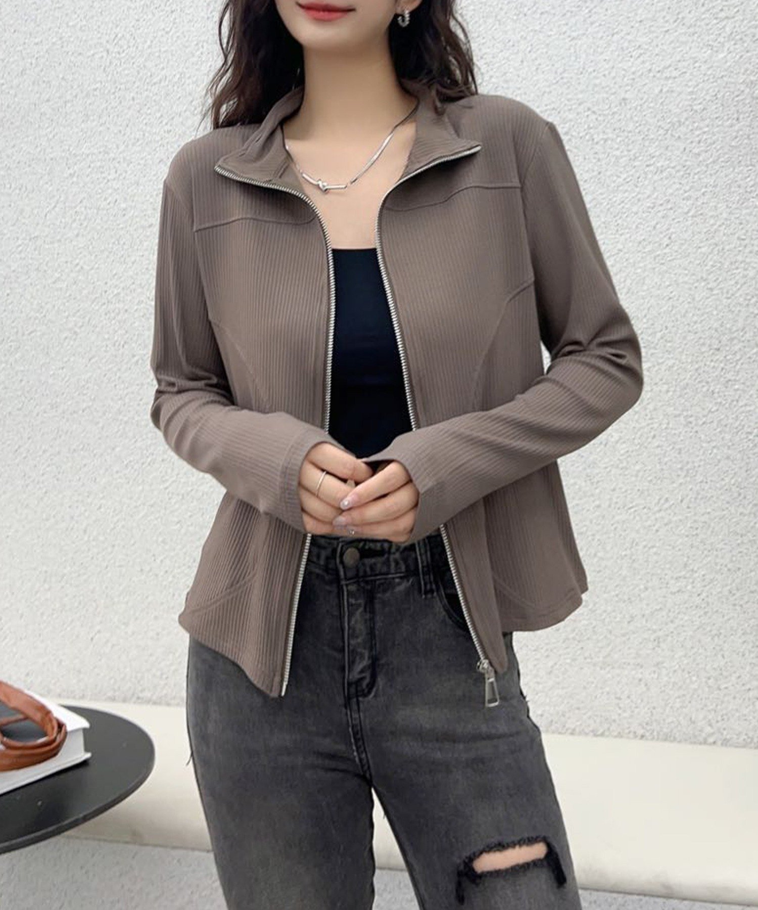 【アイモハ/aimoha】のaimoha - select -/リブジップアップジャケット インテリア・キッズ・メンズ・レディースファッション・服の通販 founy(ファニー) 　ファッション　Fashion　レディースファッション　Fashion for Women　アウター　Coat / Outerwear Collection　レディースジャケット・軽アウター　Jackets　シンプル　Simple, Minimal　スタイリッシュ　Stylish, Fashionable　ハイネック　High Neck, Mock Neck　フィット　Fit, Slim Fit　ベージュ|ID: prp329100004603722 ipo3291000000032750211
