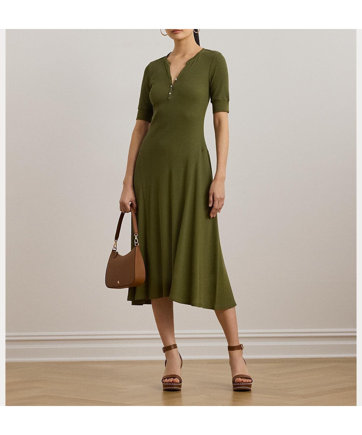 【ラルフローレン/RALPH LAUREN】のコットン ヘンリーネック ドレス インテリア・キッズ・メンズ・レディースファッション・服の通販 founy(ファニー) 　ファッション　Fashion　レディースファッション　Fashion for Women　ワンピース　Dresses　フォーマル・パーティードレス・結婚式用ドレス　Elegant & Casual Dresses　ドレス　Dress, One-Piece　フィット　Fit, Slim Fit　フレア　Flare, Flared　300グリーン|ID: prp329100004603782 ipo3291000000032751443