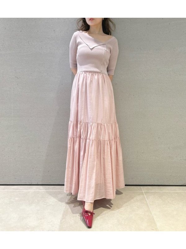 【リリーブラウン/Lily Brown】のアシメカラーニットコンビワンピース インテリア・キッズ・メンズ・レディースファッション・服の通販 founy(ファニー) 　ファッション　Fashion　レディースファッション　Fashion for Women　ワンピース　Dresses　アクセサリー　Fashion Accessories　アシンメトリー　Asymmetrical Style　デコルテ　Décolleté, Neckline　ネックレス　Necklace, Pendant Necklace　リラックス　Relax, Relaxed Fit　春　Spring　PNK[066]|ID: prp329100004603873 ipo3291000000032752593
