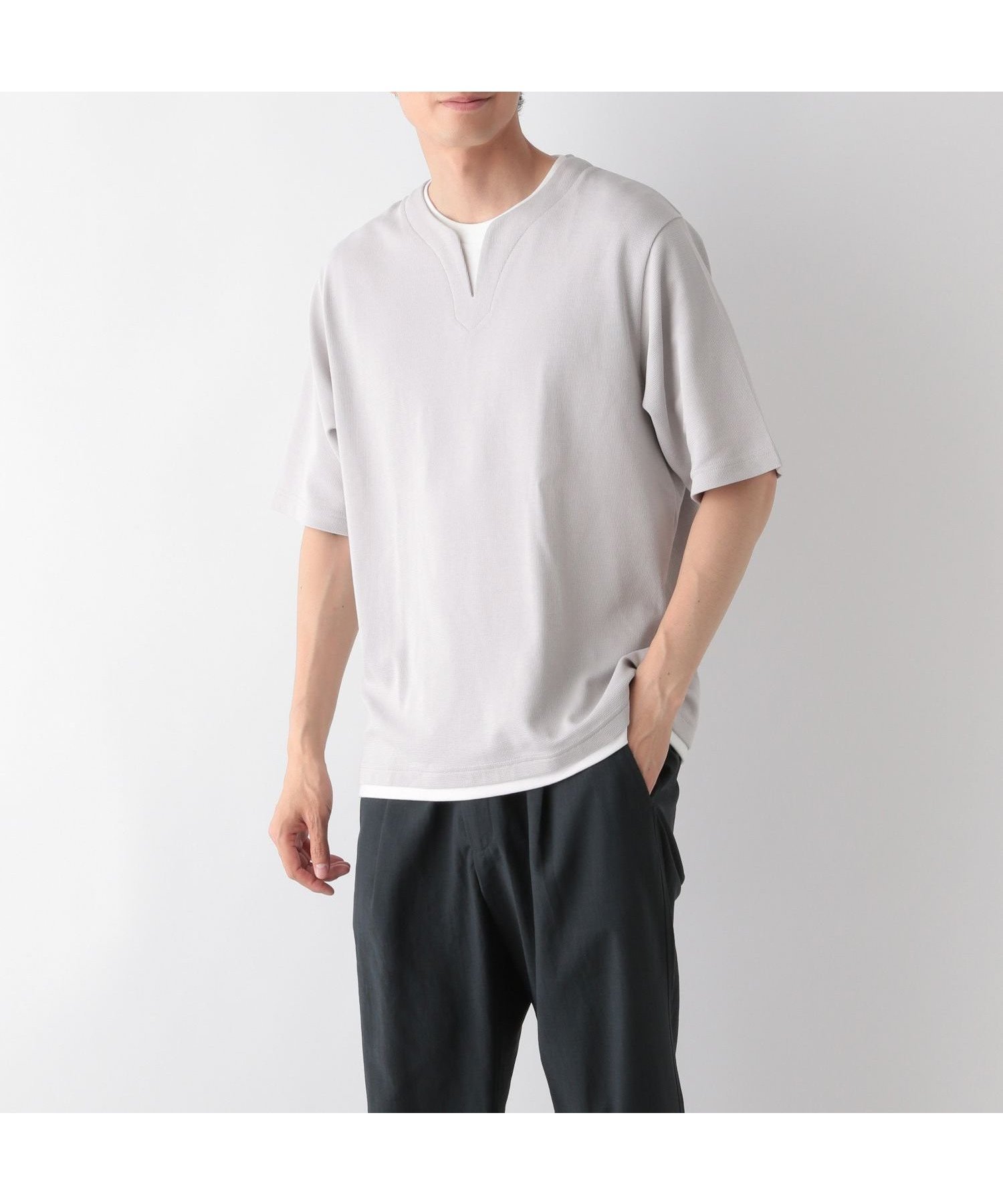 【グローバルワーク/GLOBAL WORK / MEN】のキーネックレイヤード/半袖/一部店舗限定/321941 インテリア・キッズ・メンズ・レディースファッション・服の通販 founy(ファニー) 　ファッション　Fashion　メンズファッション　Fashion for Men　おすすめ　Recommended / Our Picks　ストレッチ　Stretch, Stretchy Fabric　トレンド　Trend, Trending Now　半袖　Short Sleeve, Half Sleeve　ライトグレー12|ID: prp329100004604058 ipo3291000000032755410