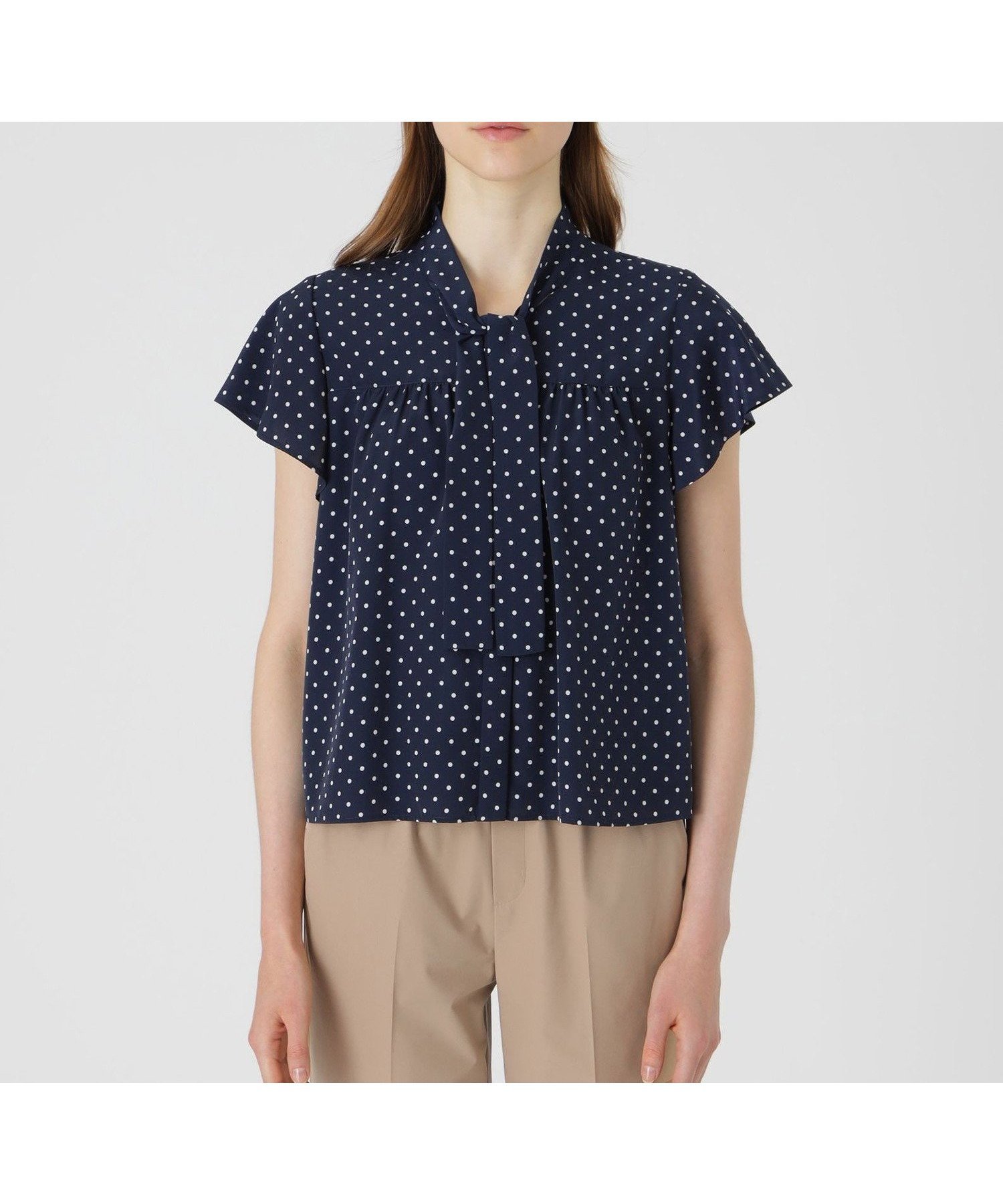 【ブルーレーベル クレストブリッジ/BLUE LABEL CRESTBRIDGE】のドットプリントブラウス インテリア・キッズ・メンズ・レディースファッション・服の通販 founy(ファニー) 　ファッション　Fashion　レディースファッション　Fashion for Women　トップス・カットソー　Cut & Sew Tops　シャツ・ブラウス・オフィスカジュアル　Elegant Blouses & Button-Ups　おすすめ　Recommended / Our Picks　スリーブ　Sleeve, Long Sleeve / Short Sleeve　デニム　Denim, Jeans Material　ドット　Polka Dot, Dot Pattern　フリル　Frill, Ruffle　プリント　Print, Printed Pattern　ボトム　Bottoms, Lower Wear　エレガント 上品　Elegant　無地　Plain, Solid Color　ネイビー|ID: prp329100004604216 ipo3291000000032759147