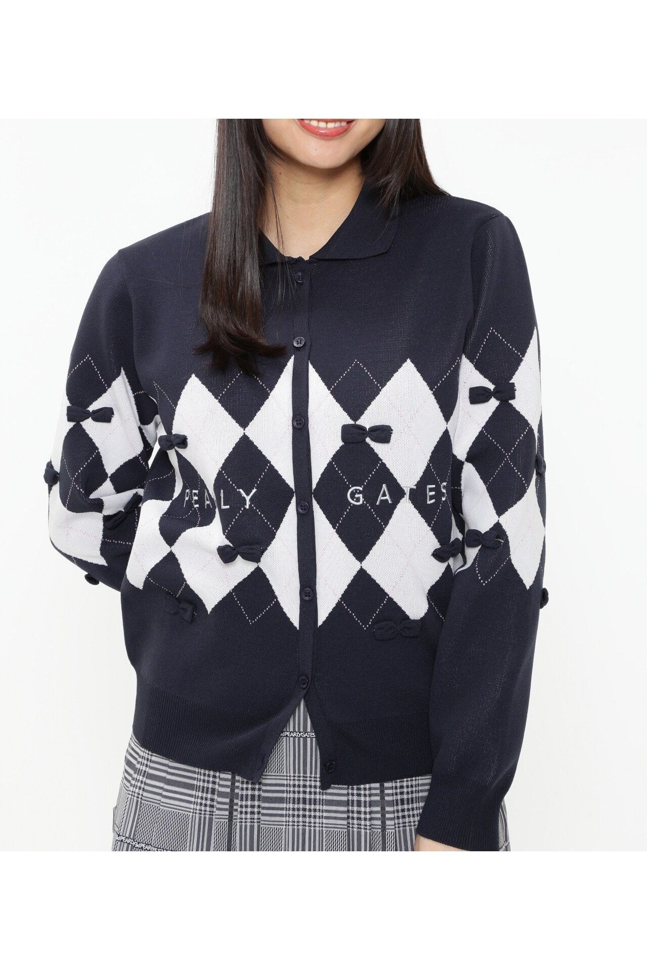 【その他のブランド/Other】のアーガイルポロニットカーディガン インテリア・キッズ・メンズ・レディースファッション・服の通販 founy(ファニー) 　ファッション　Fashion　レディースファッション　Fashion for Women　トップス・カットソー　Cut & Sew Tops　ニット　Knit Tops & Sweaters　カーディガン・羽織り　Layered Style Cardigans　カーディガン　Cardigan, Knitwear　ゴルフ　Golf　フェミニン　Feminine, Girly　プリーツ　Pleats, Pleated　リボン　Ribbon, Bow　ダークネイビー|ID: prp329100004604245 ipo3291000000032759708