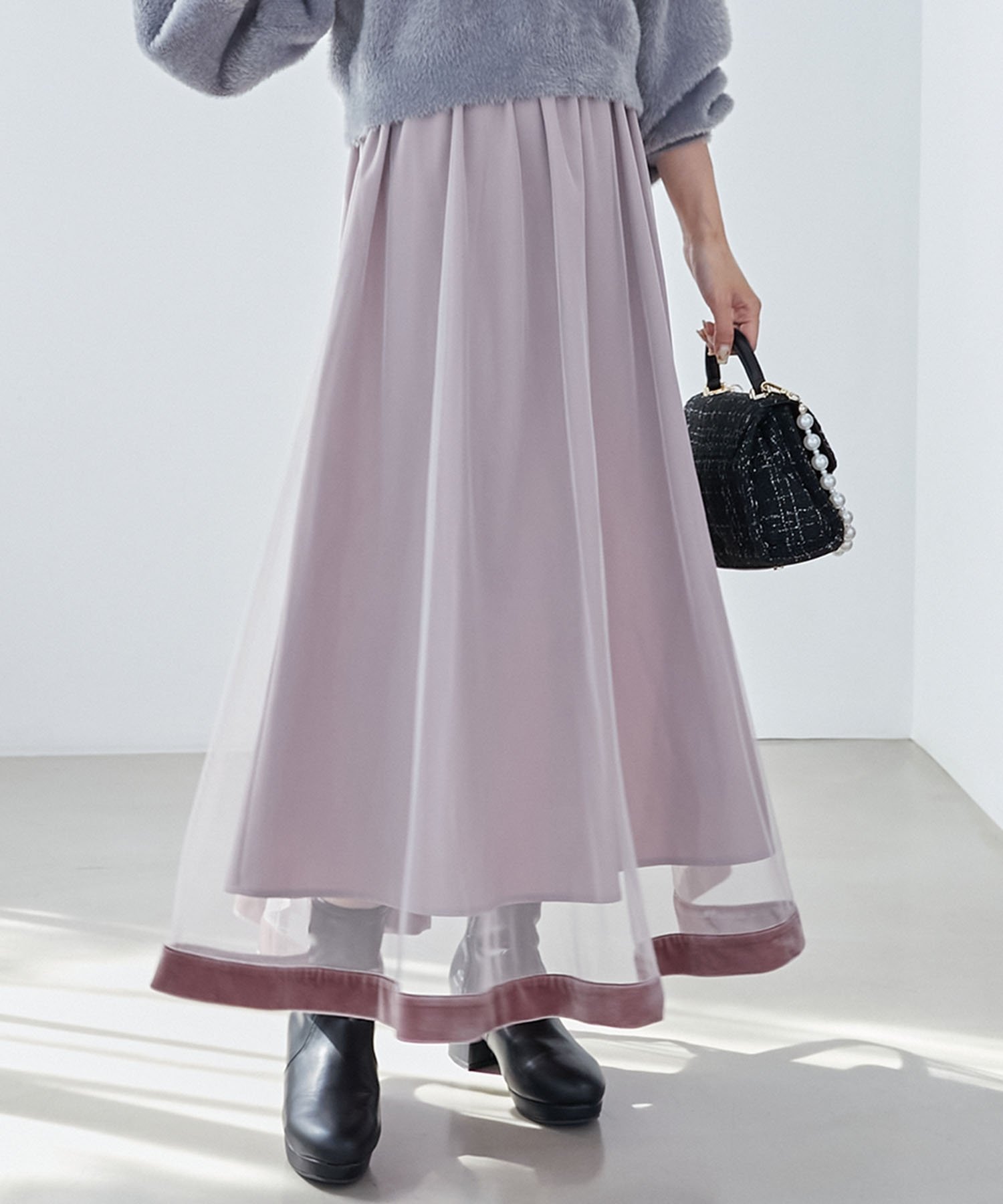 【マジェスティック レゴン/MAJESTIC LEGON】の裾ベロアチュールスカート インテリア・キッズ・メンズ・レディースファッション・服の通販 founy(ファニー) 　ファッション　Fashion　レディースファッション　Fashion for Women　スカート　Skirts　チュール　Tulip, Tulip Motif　フィット　Fit, Slim Fit　ピンクベージュ|ID: prp329100004604300 ipo3291000000032760930