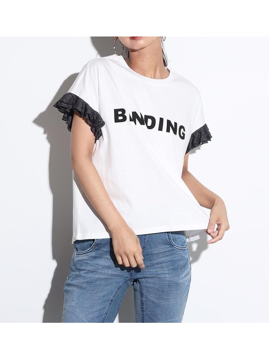 【ヴァン/Vin】のニットフリルラメドッキングロゴTEE インテリア・キッズ・メンズ・レディースファッション・服の通販 founy(ファニー) 　ファッション　Fashion　レディースファッション　Fashion for Women　トップス・カットソー　Cut & Sew Tops　ニット　Knit Tops & Sweaters　インナー　Innerwear　コンパクト　Compact, Small Size　サロペット　Overalls, Salopette　シンプル　Simple, Minimal　ドッキング　Docking, Mixed Material　バランス　Balance, Style Balance　フリル　Frill, Ruffle　プリント　Print, Printed Pattern　ボトム　Bottoms, Lower Wear　オフホワイト|ID: prp329100004604352 ipo3291000000032761981