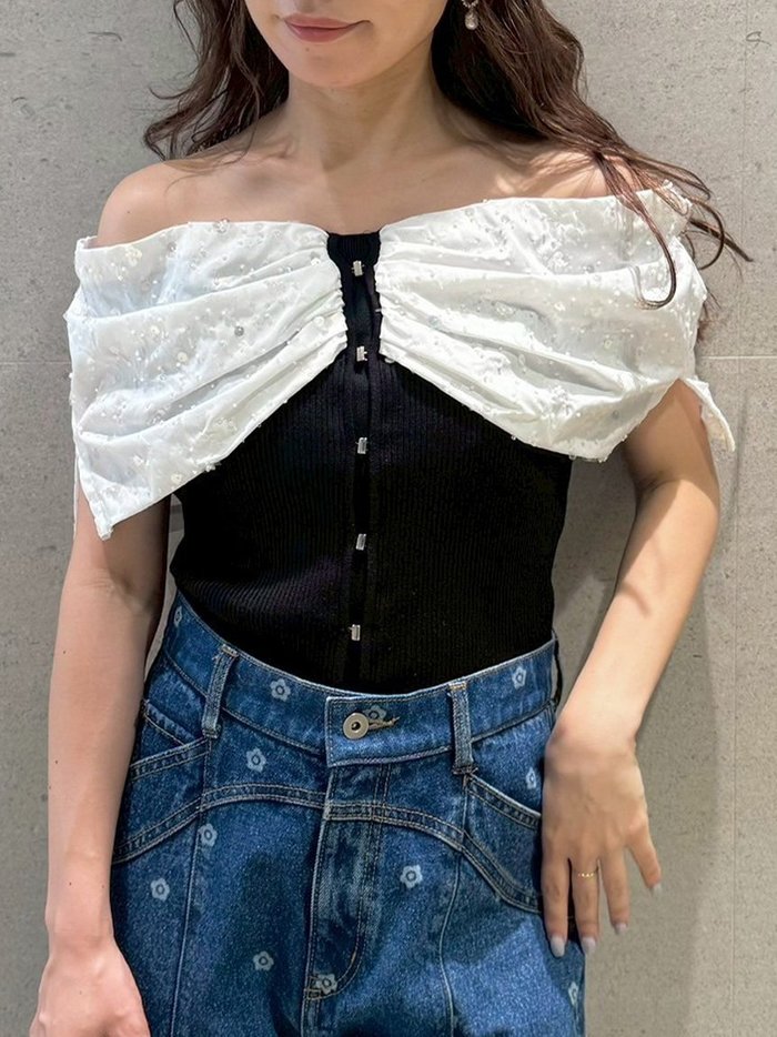 【リリーブラウン/Lily Brown】のL.B CANDY STOCK BIGリボンビジューニットトップス インテリア・キッズ・メンズ・レディースファッション・服の通販 founy(ファニー) https://founy.com/ ファッション Fashion レディースファッション Fashion for Women トップス・カットソー Cut & Sew Tops ニット Knit Tops & Sweaters エレガント 上品 Elegant ストライプ Stripe, Striped Pattern スパンコール Sequins, Sequin Embellishment ダウン Down, Puffer デニム Denim, Jeans Material フェミニン Feminine, Girly フロント Front, Front Design リボン Ribbon, Bow ワイド Wide, Wide Fit |ID: prp329100004604506 ipo3291000000032764332