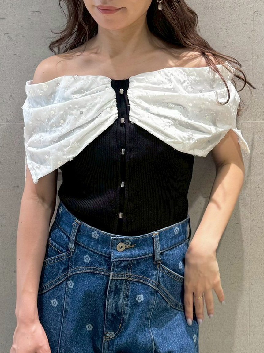【リリーブラウン/Lily Brown】のL.B CANDY STOCK BIGリボンビジューニットトップス 人気、トレンドファッション・服の通販 founy(ファニー) 　ファッション　Fashion　レディースファッション　Fashion for Women　トップス・カットソー　Cut & Sew Tops　ニット　Knit Tops & Sweaters　エレガント 上品　Elegant　ストライプ　Stripe, Striped Pattern　スパンコール　Sequins, Sequin Embellishment　ダウン　Down, Puffer　デニム　Denim, Jeans Material　フェミニン　Feminine, Girly　フロント　Front, Front Design　リボン　Ribbon, Bow　ワイド　Wide, Wide Fit　 other-1|ID: prp329100004604506 ipo3291000000032764332