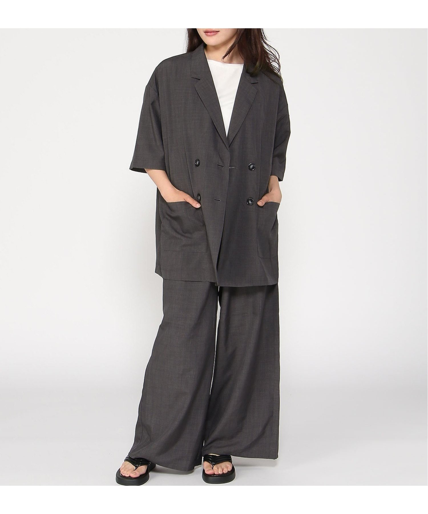 【イング/INGNI】のINGNI/テーラージャケットセットアップ インテリア・キッズ・メンズ・レディースファッション・服の通販 founy(ファニー) 　ファッション　Fashion　レディースファッション　Fashion for Women　アウター　Coat / Outerwear Collection　レディースジャケット・軽アウター　Jackets　ショルダー　Shoulder, Shoulder Strap　ジャケット　Jacket, Outerwear　スリット　Slit, Slit Detail　セットアップ　Set-Up, Coordinated Outfit　ドロップ　Drop Shoulder, Dropped Style　ポケット　Pocket, Pocket Detail　半袖　Short Sleeve, Half Sleeve　チャコールグレー|ID: prp329100004604606 ipo3291000000032766089