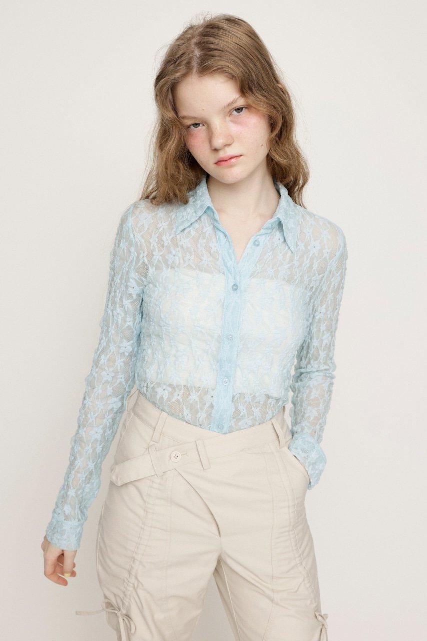 【スライ/SLY】のLACE COMPACT シャツ インテリア・キッズ・メンズ・レディースファッション・服の通販 founy(ファニー) 　ファッション　Fashion　レディースファッション　Fashion for Women　トップス・カットソー　Cut & Sew Tops　シャツ・ブラウス・オフィスカジュアル　Elegant Blouses & Button-Ups　コンパクト　Compact, Small Size　ストレッチ　Stretch, Stretchy Fabric　ボトム　Bottoms, Lower Wear　レース　Lace, Lace Fabric　羽織　Haori, Light Jacket　L/BLU1|ID: prp329100004604625 ipo3291000000032766385