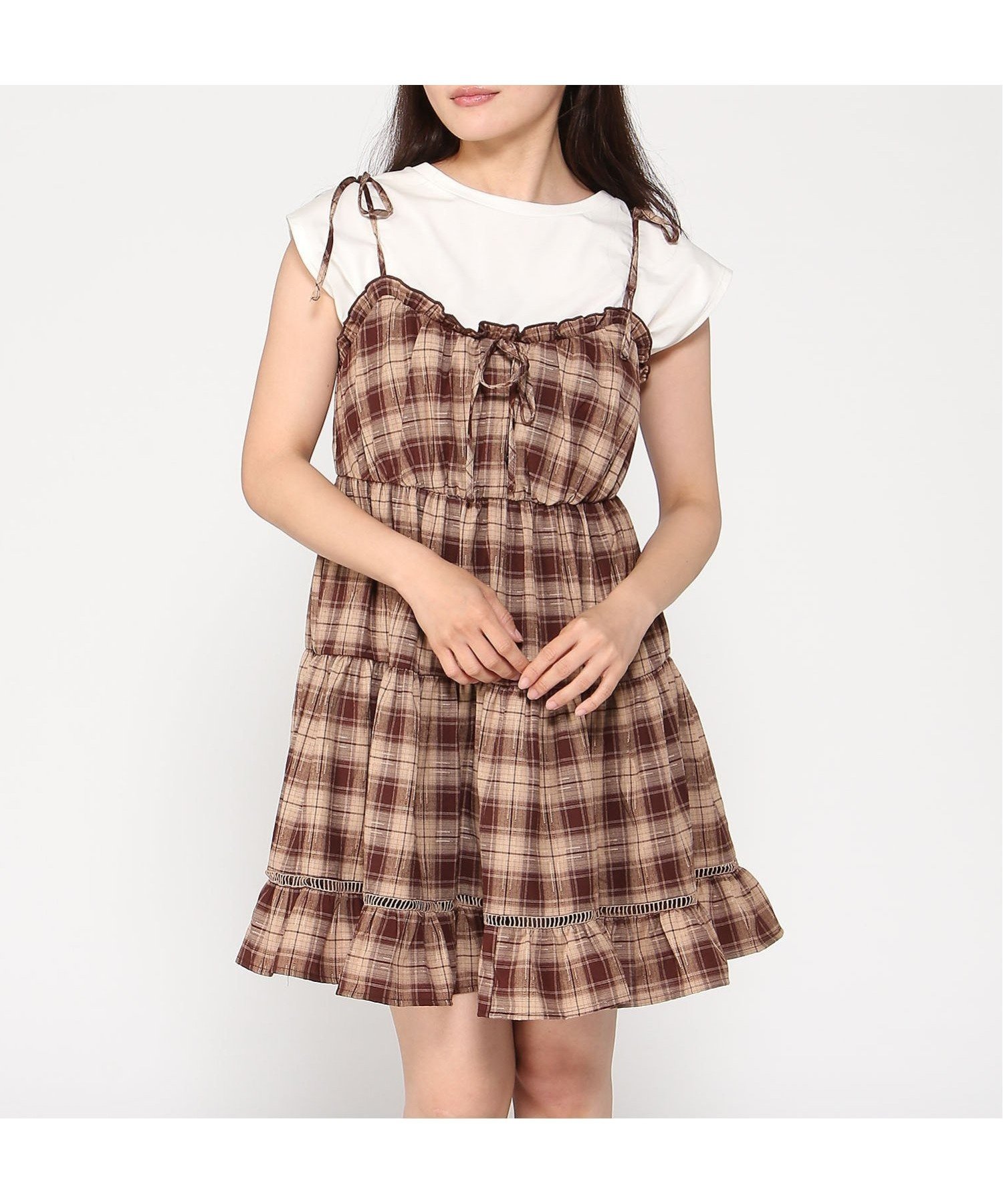 【イング/INGNI】のINGNI/チェック柄ティアードミニキャミOP インテリア・キッズ・メンズ・レディースファッション・服の通販 founy(ファニー) 　ファッション　Fashion　レディースファッション　Fashion for Women　トップス・カットソー　Cut & Sew Tops　キャミソール&ノースリーブ　Camisoles & Sleeveless Tops　ガーリー　Girly, Feminine Style　キャミワンピース　Cami Dress, Slip Dress　ショルダー　Shoulder, Shoulder Strap　チェック　Check, Plaid, Tartan　ティアード　Tiered, Tiered Style　ティアードワンピース　Tiered Dress, Flared Dress　デニム　Denim, Jeans Material　フィット　Fit, Slim Fit　フロント　Front, Front Design　リボン　Ribbon, Bow　おすすめ　Recommended / Our Picks　ブラウン/チェック|ID: prp329100004605093 ipo3291000000032776111
