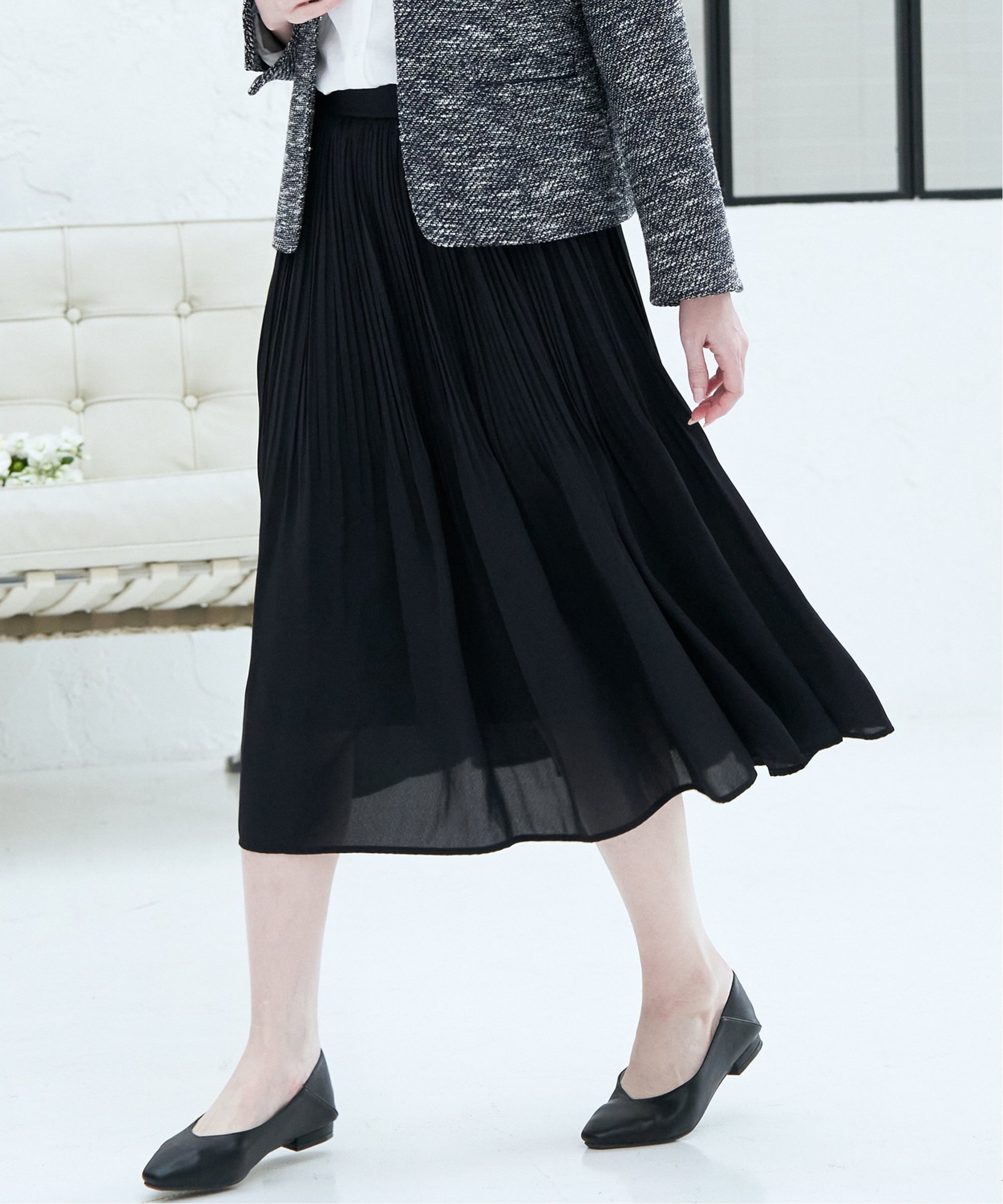 【イッカ/ikka】のシフォンプリーツスカート インテリア・キッズ・メンズ・レディースファッション・服の通販 founy(ファニー) 　ファッション　Fashion　レディースファッション　Fashion for Women　スカート　Skirts　プリーツスカート / 上品フェミニンスタイル　Pleated Skirts　ジャケット　Jacket, Outerwear　ジョーゼット　Georgette, Semi-Sheer Fabric　セレモニー　Ceremony　ツイード　Twill, Twill Weave　プリーツ　Pleats, Pleated　ビジネス 仕事 通勤　Business / Work / Commuting　楽ちん　Easy Fit, Comfortable　ブラック|ID: prp329100004605146 ipo3291000000033197347