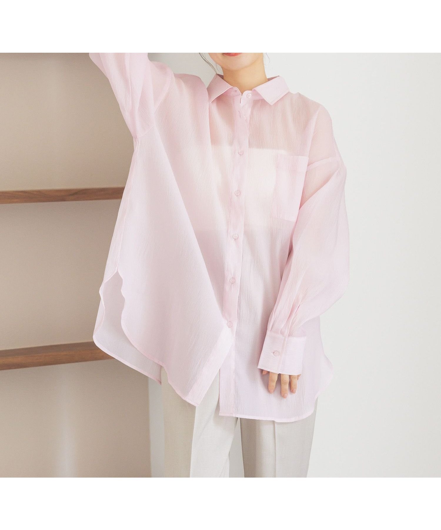 【ミスティ ウーマン/mysty woman】のシアーオーバーシャツ インテリア・キッズ・メンズ・レディースファッション・服の通販 founy(ファニー) 　ファッション　Fashion　レディースファッション　Fashion for Women　トップス・カットソー　Cut & Sew Tops　シャツ・ブラウス・オフィスカジュアル　Elegant Blouses & Button-Ups　おすすめ　Recommended / Our Picks　キャミ　Camisole, Cami Top　シンプル　Simple, Minimal　ダウン　Down, Puffer　デニム　Denim, Jeans Material　トレンド　Trend, Trending Now　ビスチェ　Bustier, Corset Top　フェミニン　Feminine, Girly　夏　Summer　羽織　Haori, Light Jacket　ライトピンク22|ID: prp329100004605504 ipo3291000000032788266