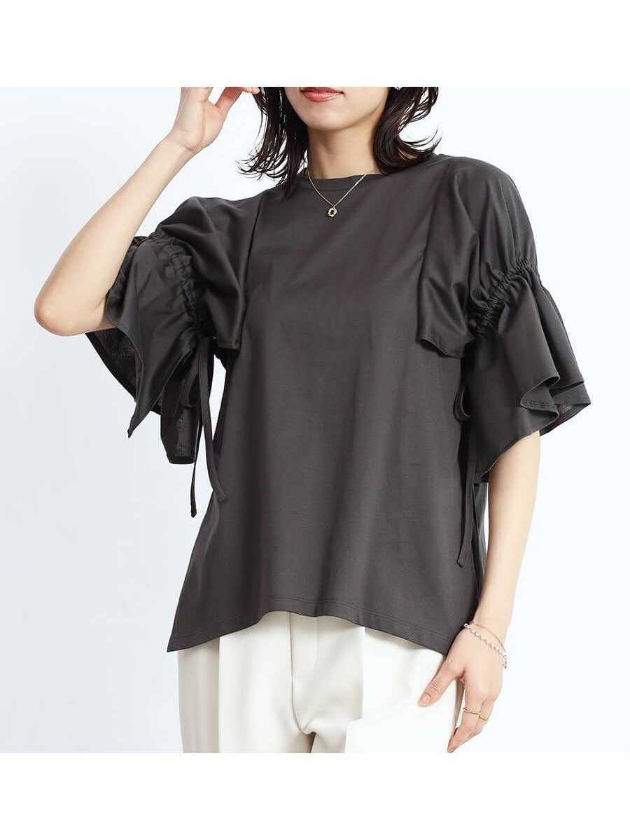 【ヴァン/Vin】のキャンディースリーブカットソー インテリア・キッズ・メンズ・レディースファッション・服の通販 founy(ファニー) 　ファッション　Fashion　レディースファッション　Fashion for Women　トップス・カットソー　Cut & Sew Tops　カットソー・ベーシックTシャツ　Cut-and-Sewn Tops / Stretch Tees & Basics　ギャザー　Gathered, Ruffled　スリーブ　Sleeve, Long Sleeve / Short Sleeve　チャコールグレー|ID: prp329100004607153 ipo3291000000033535430