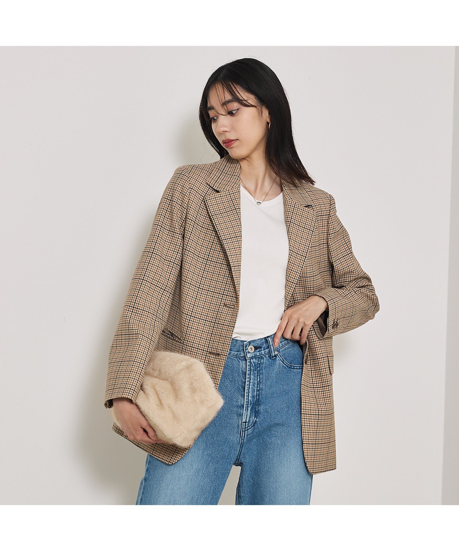 【カリテ/qualite】の【セットアップ対応】TWツイルチェックテーラードJK インテリア・キッズ・メンズ・レディースファッション・服の通販 founy(ファニー) 　ファッション　Fashion　レディースファッション　Fashion for Women　セットアップ　Matching Sets　クラシック　Classic, Timeless Style　ジャケット　Jacket, Outerwear　セットアップ　Set-Up, Coordinated Outfit　チェック　Check, Plaid, Tartan　デニム　Denim, Jeans Material　ワイド　Wide, Wide Fit　A/W・秋冬　Autumn/Winter　ベージュ|ID: prp329100004609802 ipo3291000000032975779