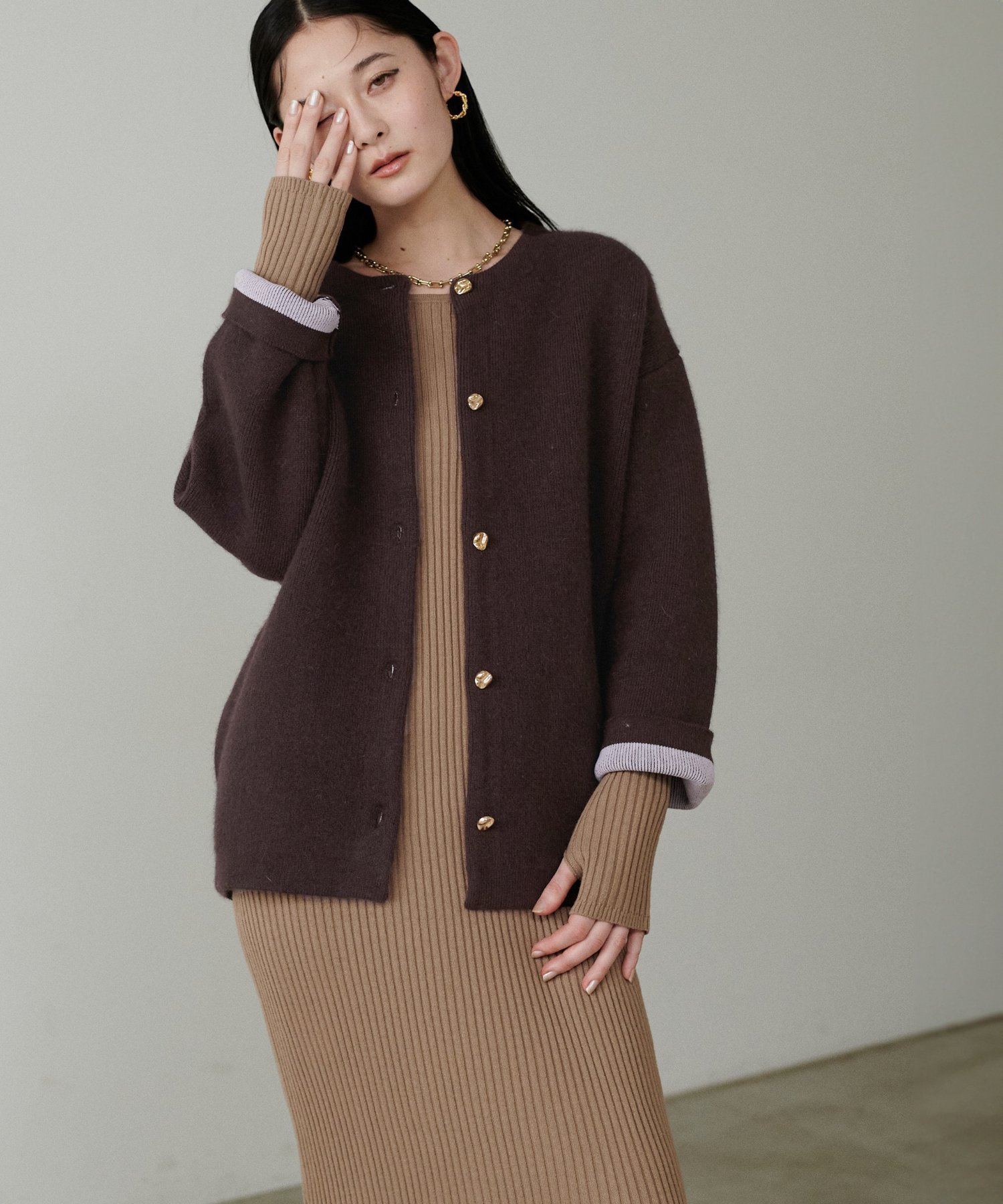 【その他のブランド/Other】のFOX混Wフェイスニットコート インテリア・キッズ・メンズ・レディースファッション・服の通販 founy(ファニー) 　ファッション　Fashion　レディースファッション　Fashion for Women　アウター　Coat / Outerwear Collection　コート・ロングコート・ピーコート　Long Coats, Peacoats & More　アクセサリー　Fashion Accessories　カーディガン　Cardigan, Knitwear　ショート　Short, Short Length　シルバー　Silver, Metallic Silver　シンプル　Simple, Minimal　スラックス　Slacks, Dress Pants　ダブル　Double, Double-Breasted　デニム　Denim, Jeans Material　フェイス　Face, Facial Design　ミドル　Middle Length, Mid Height　エレガント 上品　Elegant　2025年　2025　2025-2026秋冬・A/W　Autumn/Winter 2025–26 AW25–26　ブラウン|ID: prp329100004609804 ipo3291000000032975790