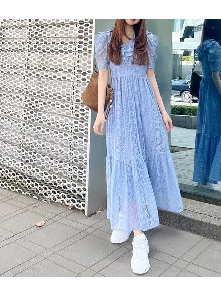 【スナイデル/SNIDEL】のボリュームフリルレースワンピース インテリア・キッズ・メンズ・レディースファッション・服の通販 founy(ファニー) 　ファッション　Fashion　レディースファッション　Fashion for Women　ワンピース　Dresses　エレガント 上品　Elegant　シアー　Sheer, See-Through　デコルテ　Décolleté, Neckline　フリル　Frill, Ruffle　レース　Lace, Lace Fabric　半袖　Short Sleeve, Half Sleeve　BLU[086]|ID: prp329100004610144 ipo3291000000032981080
