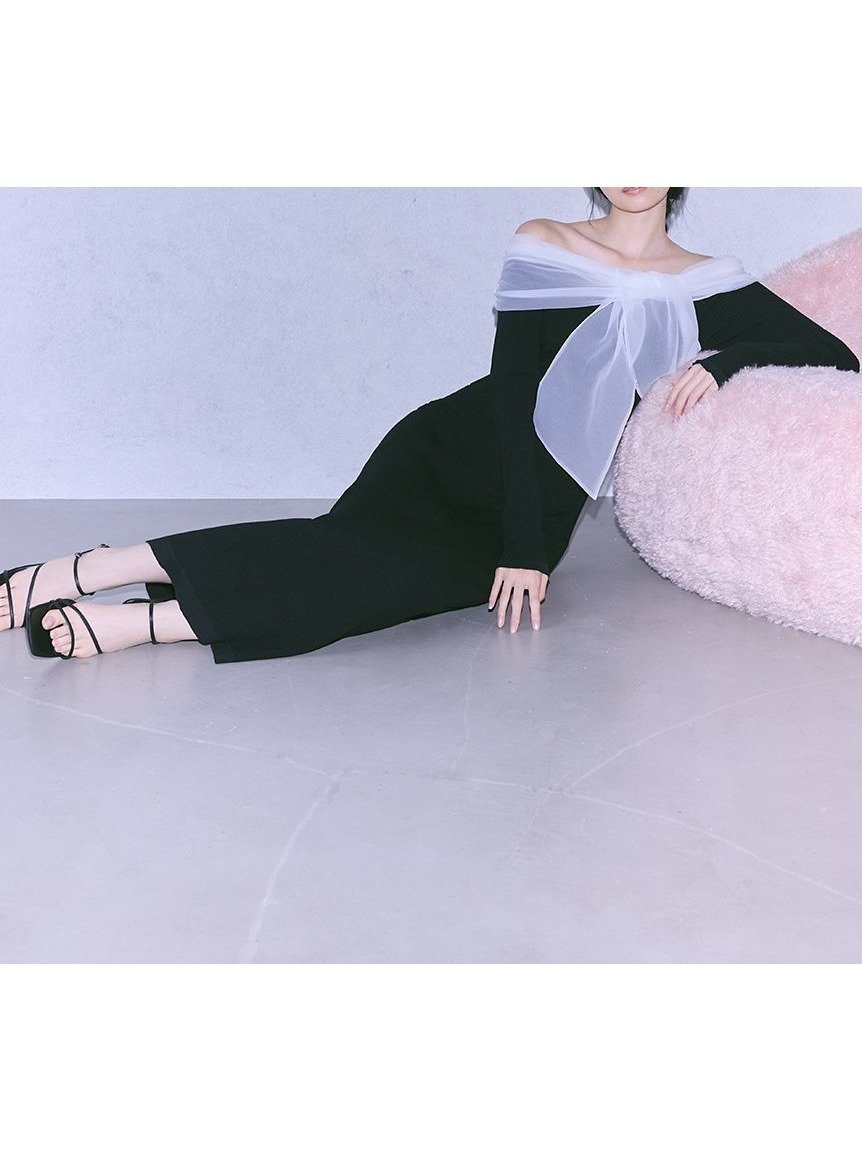 【フレイ アイディー/FRAY I.D】のオフショルコンビリボンリブニットワンピース 人気、トレンドファッション・服の通販 founy(ファニー) 　雑誌掲載アイテム　Magazine Picks & Fashion Features　ファッション雑誌　Fashion Magazines　ビジンヒャッカ　美人百花　クラッシィ　CLASSY.　ファッション　Fashion　レディースファッション　Fashion for Women　ワンピース　Dresses　ニットワンピース　Knit Dresses　オーガンジー　Organza Fabric　春　Spring　3月号　March Issue　シルク　Silk, 100% Silk　雑誌　Magazine, Fashion Magazine　ドッキング　Docking, Mixed Material　リブニット　Rib Knit, Ribbed Knit　リボン　Ribbon, Bow　エレガント 上品　Elegant　 other-1|ID: prp329100004610160 ipo3291000000032981218