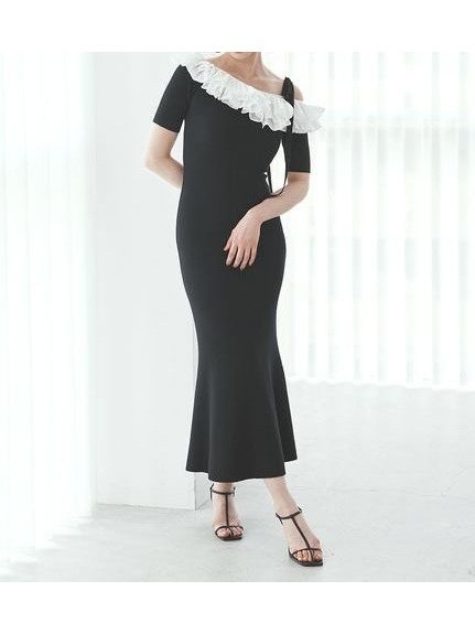 【スナイデル/SNIDEL】のアシメプリーツカラーニットワンピース インテリア・キッズ・メンズ・レディースファッション・服の通販 founy(ファニー) 　ファッション　Fashion　レディースファッション　Fashion for Women　ワンピース　Dresses　ニットワンピース　Knit Dresses　おすすめ　Recommended / Our Picks　アシンメトリー　Asymmetrical Style　ストレート　Straight, Straight Cut　デコルテ　Décolleté, Neckline　トレンド　Trend, Trending Now　フィット　Fit, Slim Fit　フェミニン　Feminine, Girly　プリーツ　Pleats, Pleated　マーメイド　Mermaid, Fishtail Silhouette　リボン　Ribbon, Bow　ワンポイント　One Point, Statement Accent　BLK[009]|ID: prp329100004610213 ipo3291000000032982212