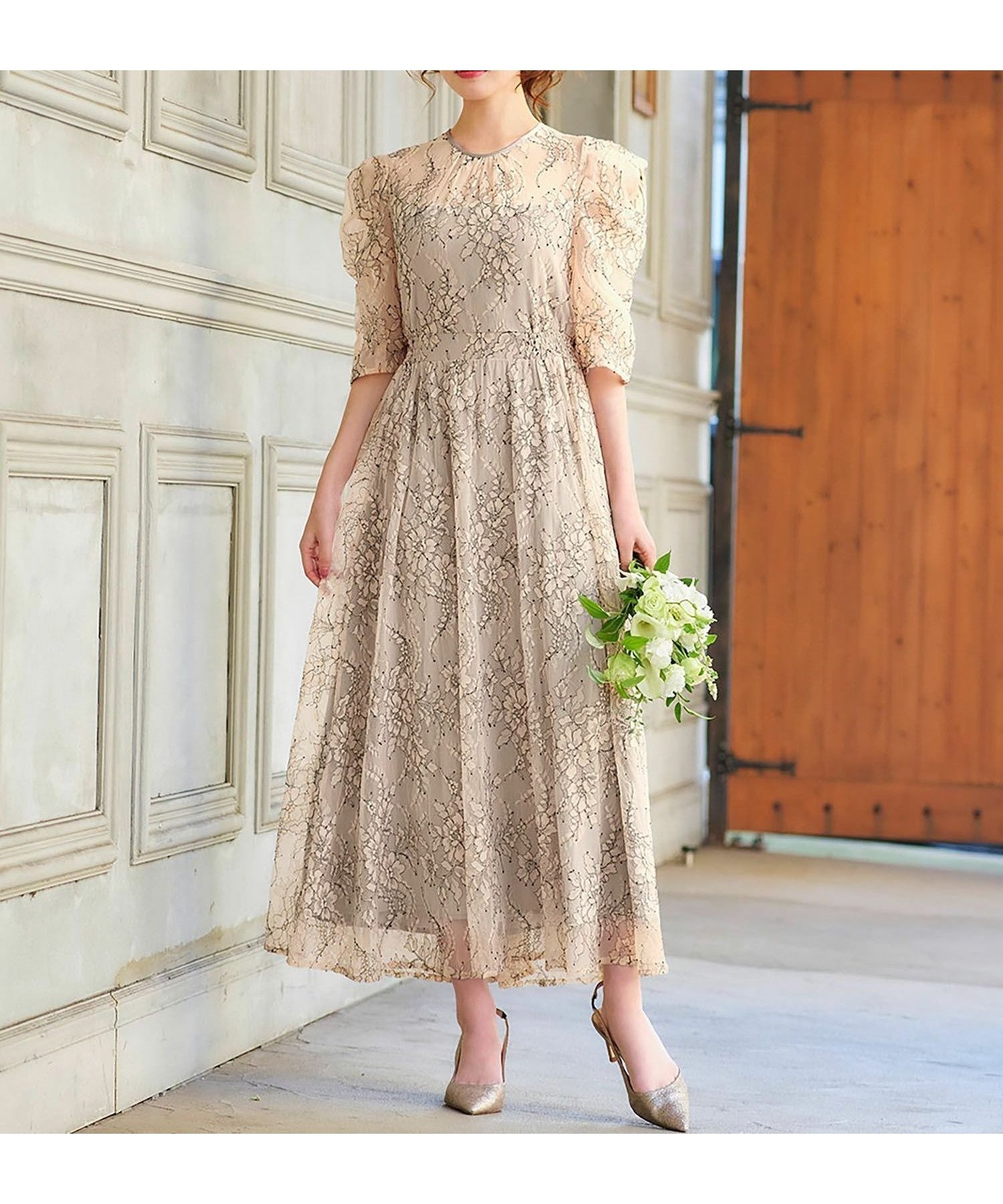【ガール/GIRL】のパフスリーブ総レースフレアロング丈 結婚式 ワンピース パーティードレス インテリア・キッズ・メンズ・レディースファッション・服の通販 founy(ファニー) 　ファッション　Fashion　レディースファッション　Fashion for Women　ワンピース　Dresses　フォーマル・パーティードレス・結婚式用ドレス　Elegant & Casual Dresses　オーガンジー　Organza Fabric　シャーリング　Shirring, Ruched　スリーブ　Sleeve, Long Sleeve / Short Sleeve　ダブル　Double, Double-Breasted　ドレス　Dress, One-Piece　フォルム　Silhouette, Form　フラット　Flat, Flat Shoes　フロント　Front, Front Design　ヨーク　Yoke, Yoke Design　リボン　Ribbon, Bow　レース　Lace, Lace Fabric　ロング　Long, Long-Length　再入荷　Restock / Back in Stock　結婚式　Wedding　GREGE|ID: prp329100004610343 ipo3291000000032984855