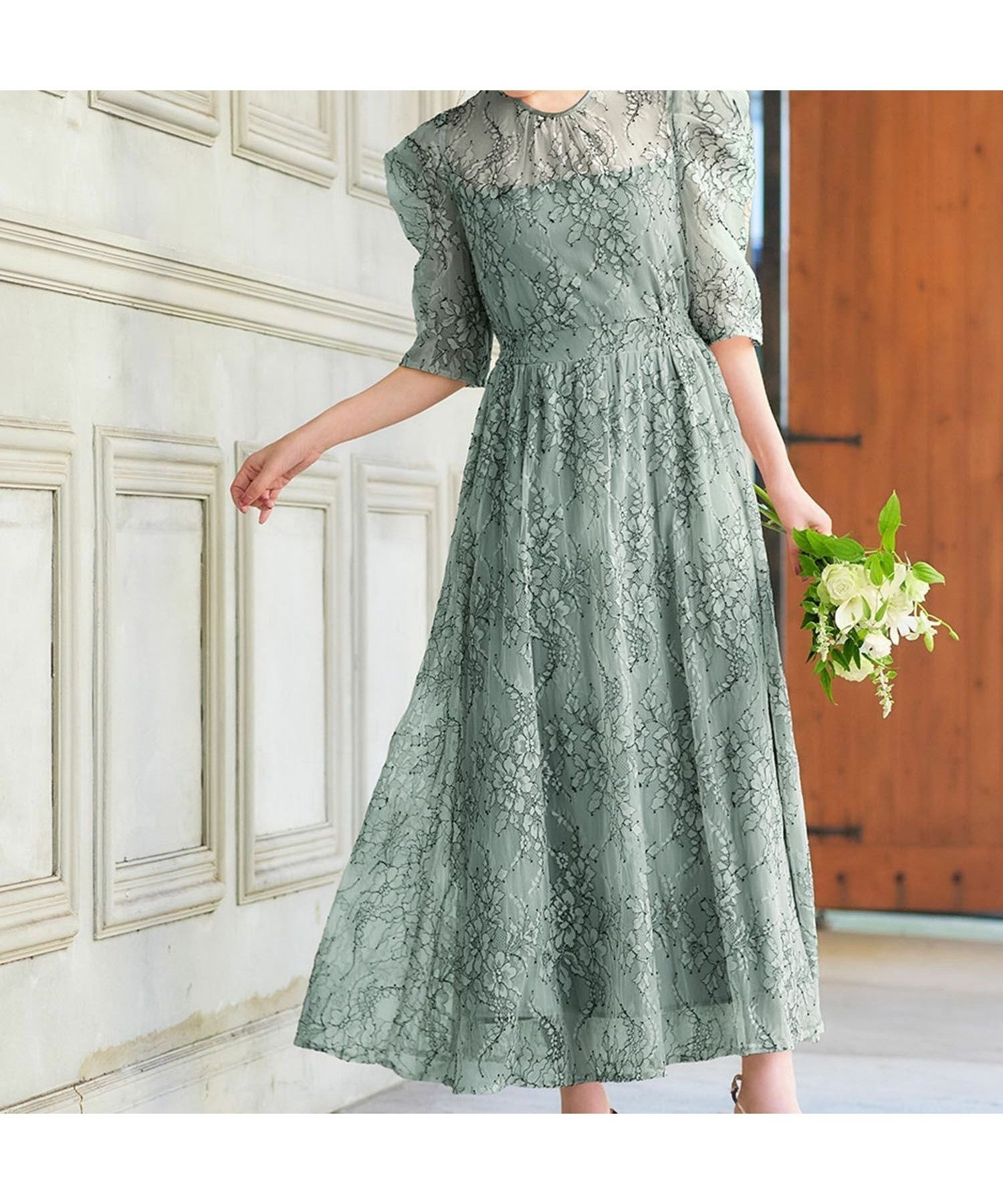 【ガール/GIRL】のパフスリーブ総レースフレアロング丈 結婚式 ワンピース パーティードレス インテリア・キッズ・メンズ・レディースファッション・服の通販 founy(ファニー) 　ファッション　Fashion　レディースファッション　Fashion for Women　ワンピース　Dresses　フォーマル・パーティードレス・結婚式用ドレス　Elegant & Casual Dresses　オーガンジー　Organza Fabric　シャーリング　Shirring, Ruched　スリーブ　Sleeve, Long Sleeve / Short Sleeve　ダブル　Double, Double-Breasted　ドレス　Dress, One-Piece　フォルム　Silhouette, Form　フラット　Flat, Flat Shoes　フロント　Front, Front Design　ヨーク　Yoke, Yoke Design　リボン　Ribbon, Bow　レース　Lace, Lace Fabric　ロング　Long, Long-Length　再入荷　Restock / Back in Stock　結婚式　Wedding　GRN|ID: prp329100004610343 ipo3291000000032984856