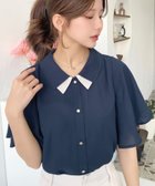 【モーメントプラス/moment+ / MEN】のシフォンジョーゼットフレアスリーブ配色ダブルカラー半袖ブラウス ネイビー|ID: prp329100004610459 ipo3291000000033460792