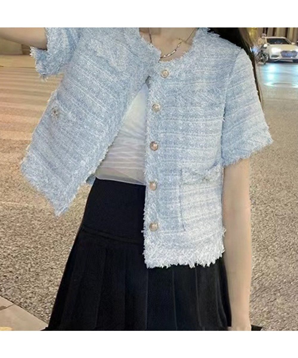 【ミニミニストア/miniministore】の半袖ツイード風ジャケット レディース夏服 インテリア・キッズ・メンズ・レディースファッション・服の通販 founy(ファニー) 　ファッション　Fashion　レディースファッション　Fashion for Women　アウター　Coat / Outerwear Collection　レディースジャケット・軽アウター　Jackets　ショート　Short, Short Length　ジャケット　Jacket, Outerwear　セレモニー　Ceremony　ツイード　Twill, Twill Weave　エレガント 上品　Elegant　半袖　Short Sleeve, Half Sleeve　夏　Summer　春　Spring　S/S・春夏　SS, Spring/Summer, Warm Season　ビジネス 仕事 通勤　Business / Work / Commuting　ブルー|ID: prp329100004610893 ipo3291000000032993030