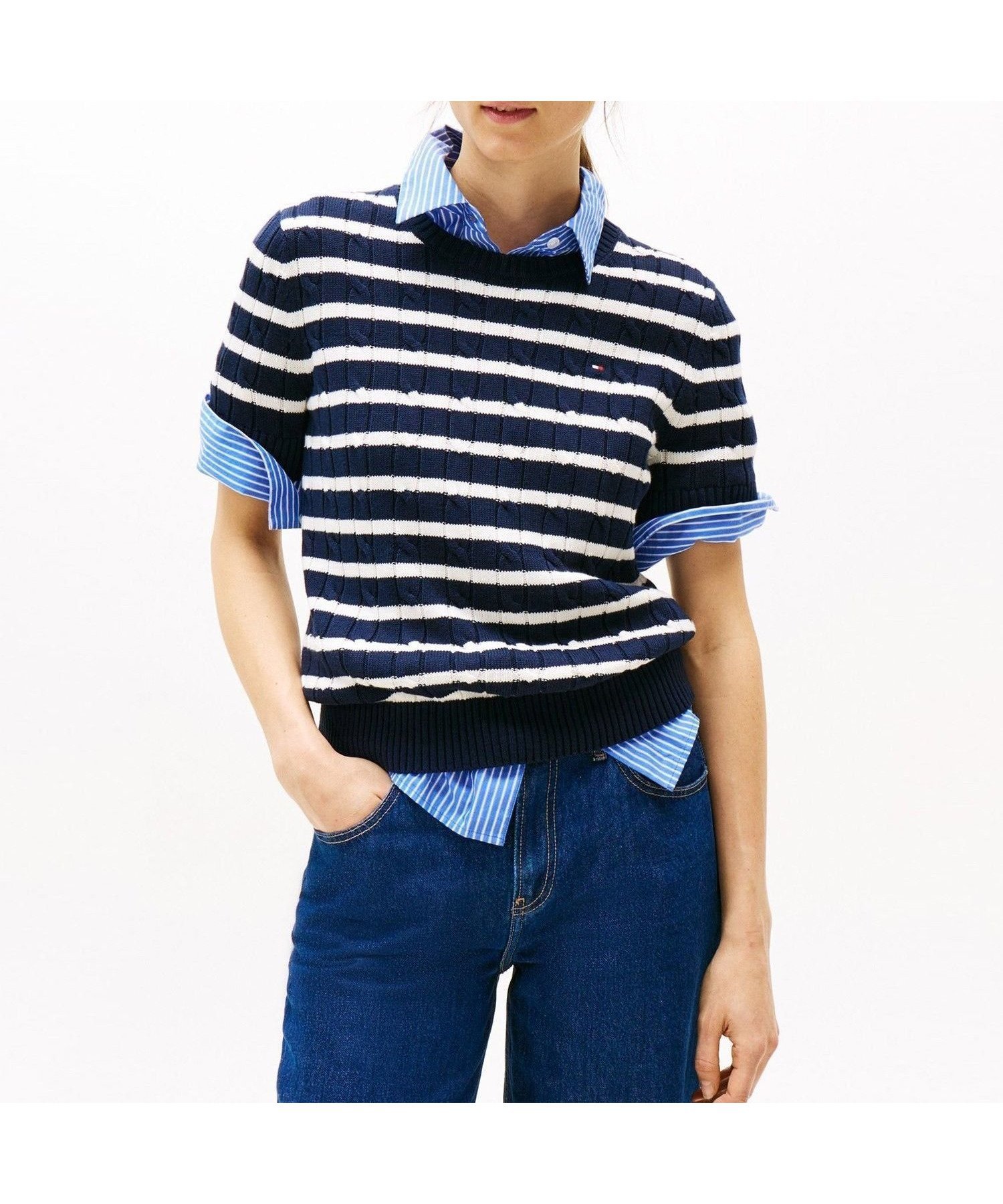 【トミーヒルフィガー/TOMMY HILFIGER】のケーブルショートスリーブクルーネックセーター 人気、トレンドファッション・服の通販 founy(ファニー) 　ファッション　Fashion　レディースファッション　Fashion for Women　アメリカン　American Style　クラシック　Classic, Timeless Style　ゴルフ　Golf　デニム　Denim, Jeans Material　フィット　Fit, Slim Fit　ベーシック　Basic, Essential　ミドル　Middle Length, Mid Height　モダン　Modern, Contemporary　レギュラー　Regular, Standard Fit　ワンポイント　One Point, Statement Accent　人気　Popular, Best Seller　 other-1|ID: prp329100004611119 ipo3291000000032996024