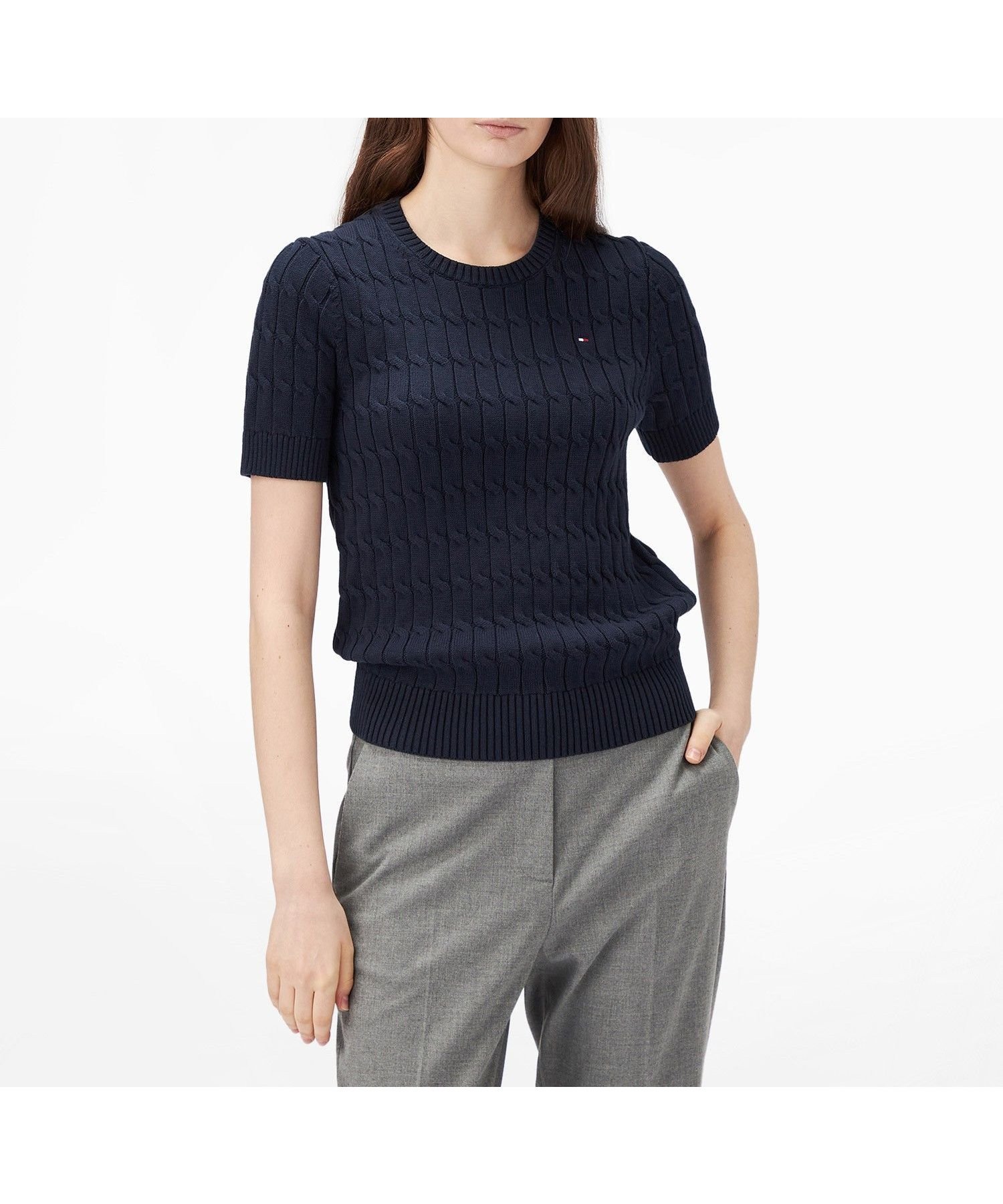 【トミーヒルフィガー/TOMMY HILFIGER】のケーブルショートスリーブクルーネックセーター インテリア・キッズ・メンズ・レディースファッション・服の通販 founy(ファニー) 　ファッション　Fashion　レディースファッション　Fashion for Women　アメリカン　American Style　クラシック　Classic, Timeless Style　ゴルフ　Golf　デニム　Denim, Jeans Material　フィット　Fit, Slim Fit　ベーシック　Basic, Essential　ミドル　Middle Length, Mid Height　モダン　Modern, Contemporary　レギュラー　Regular, Standard Fit　ワンポイント　One Point, Statement Accent　人気　Popular, Best Seller　ネイビーC1G|ID: prp329100004611119 ipo3291000000032996031