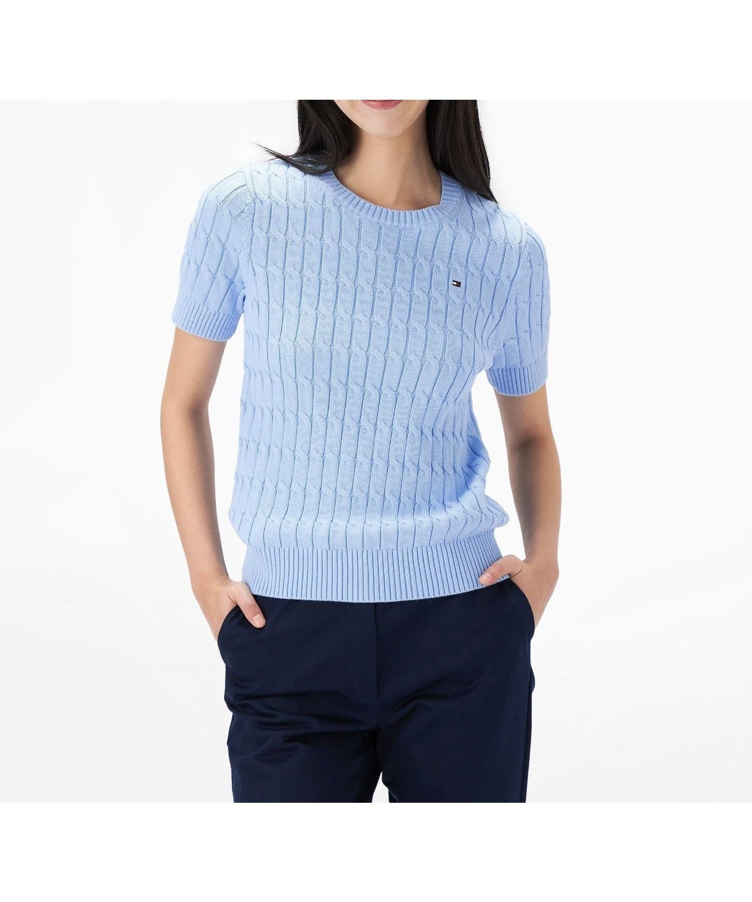 【トミーヒルフィガー/TOMMY HILFIGER】のケーブルショートスリーブクルーネックセーター インテリア・キッズ・メンズ・レディースファッション・服の通販 founy(ファニー) 　ファッション　Fashion　レディースファッション　Fashion for Women　アメリカン　American Style　クラシック　Classic, Timeless Style　ゴルフ　Golf　デニム　Denim, Jeans Material　フィット　Fit, Slim Fit　ベーシック　Basic, Essential　ミドル　Middle Length, Mid Height　モダン　Modern, Contemporary　レギュラー　Regular, Standard Fit　ワンポイント　One Point, Statement Accent　人気　Popular, Best Seller　ブルーC1Z|ID: prp329100004611119 ipo3291000000032996034
