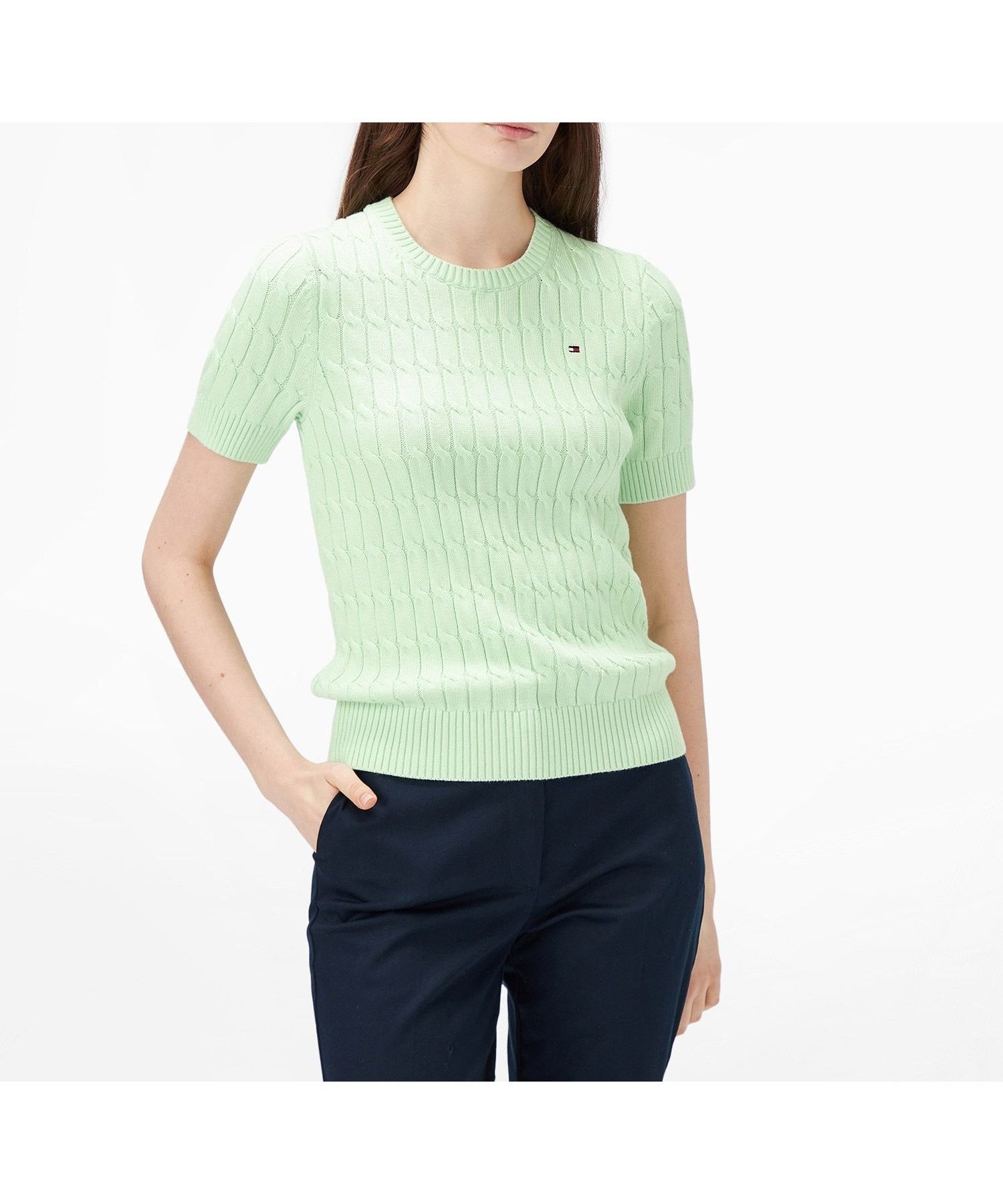 【トミーヒルフィガー/TOMMY HILFIGER】のケーブルショートスリーブクルーネックセーター インテリア・キッズ・メンズ・レディースファッション・服の通販 founy(ファニー) 　ファッション　Fashion　レディースファッション　Fashion for Women　アメリカン　American Style　クラシック　Classic, Timeless Style　ゴルフ　Golf　デニム　Denim, Jeans Material　フィット　Fit, Slim Fit　ベーシック　Basic, Essential　ミドル　Middle Length, Mid Height　モダン　Modern, Contemporary　レギュラー　Regular, Standard Fit　ワンポイント　One Point, Statement Accent　人気　Popular, Best Seller　ライトグリーンLXY|ID: prp329100004611119 ipo3291000000032996039