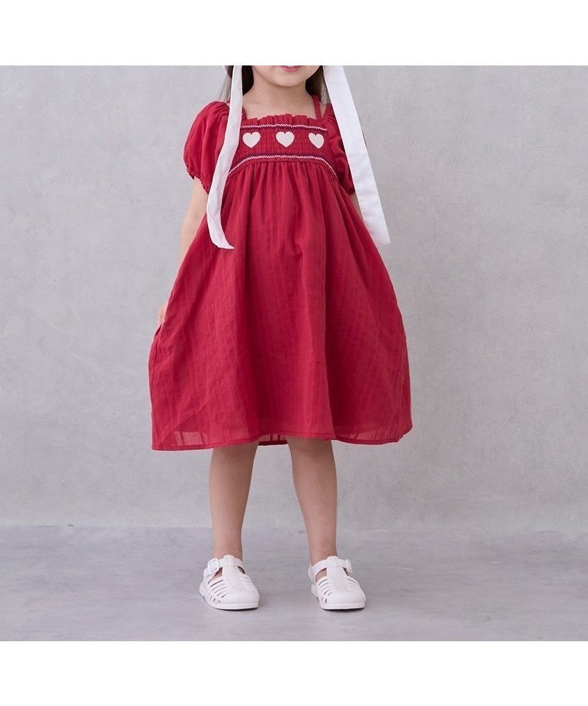 【ナルミヤ オンライン/NARUMIYA ONELINE / KIDS】のハートスモッキングワンピース インテリア・キッズ・メンズ・レディースファッション・服の通販 founy(ファニー) 　ファッション　Fashion　キッズファッション　Fashion for Kids　ワンピース　Dresses　ポケット　Pocket, Pocket Detail　赤|ID: prp329100004611165 ipo3291000000033507701