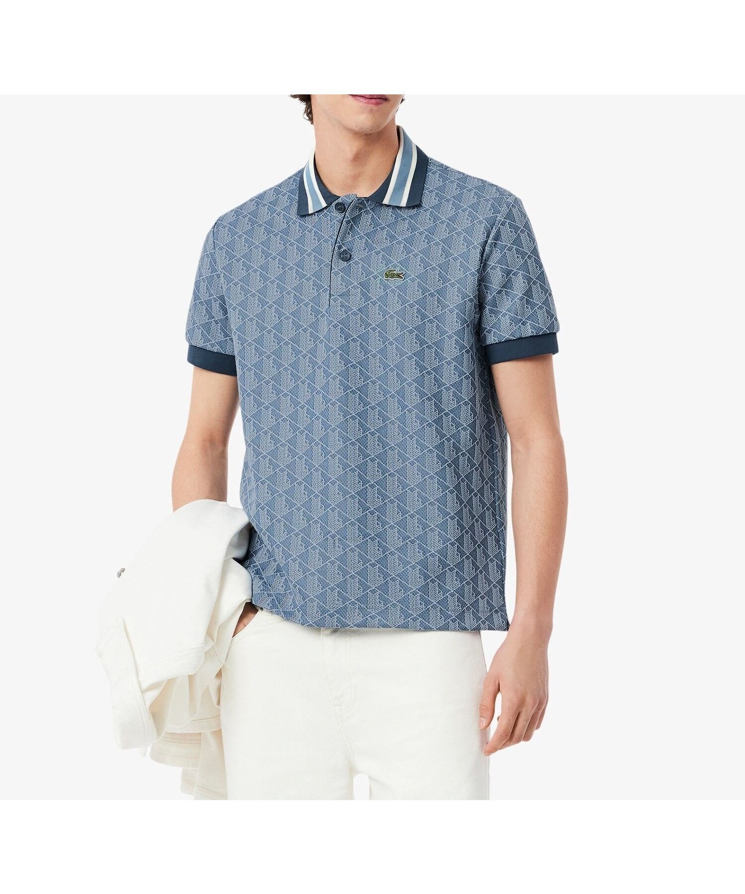 【ラコステ/LACOSTE / MEN】のモノグラムジャカード半袖ポロシャツ インテリア・キッズ・メンズ・レディースファッション・服の通販 founy(ファニー) 　ファッション　Fashion　メンズファッション　Fashion for Men　エレガント 上品　Elegant　クラシック　Classic, Timeless Style　ジャカード／ジャガード　Jacquard, Woven Pattern　ボーダー　Border, Stripe　ポロシャツ　Polo Shirt, Collared Tee　モチーフ　Motif, Design Theme　半袖　Short Sleeve, Half Sleeve　グレイッシュブルー|ID: prp329100004611415 ipo3291000000032999471