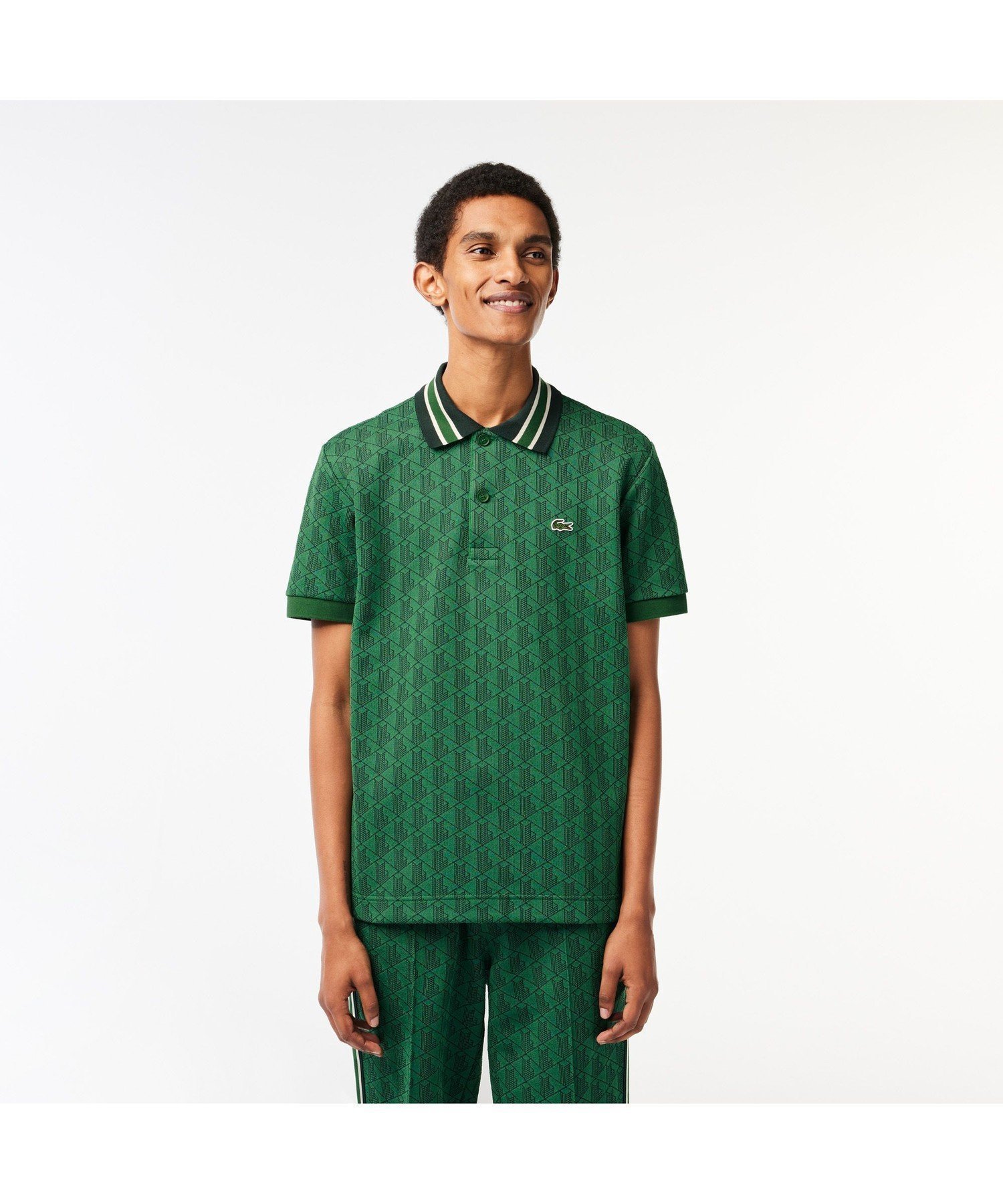 【ラコステ/LACOSTE / MEN】のモノグラムジャカード半袖ポロシャツ インテリア・キッズ・メンズ・レディースファッション・服の通販 founy(ファニー) 　ファッション　Fashion　メンズファッション　Fashion for Men　エレガント 上品　Elegant　クラシック　Classic, Timeless Style　ジャカード／ジャガード　Jacquard, Woven Pattern　ボーダー　Border, Stripe　ポロシャツ　Polo Shirt, Collared Tee　モチーフ　Motif, Design Theme　半袖　Short Sleeve, Half Sleeve　ダークグリーン|ID: prp329100004611415 ipo3291000000032999476